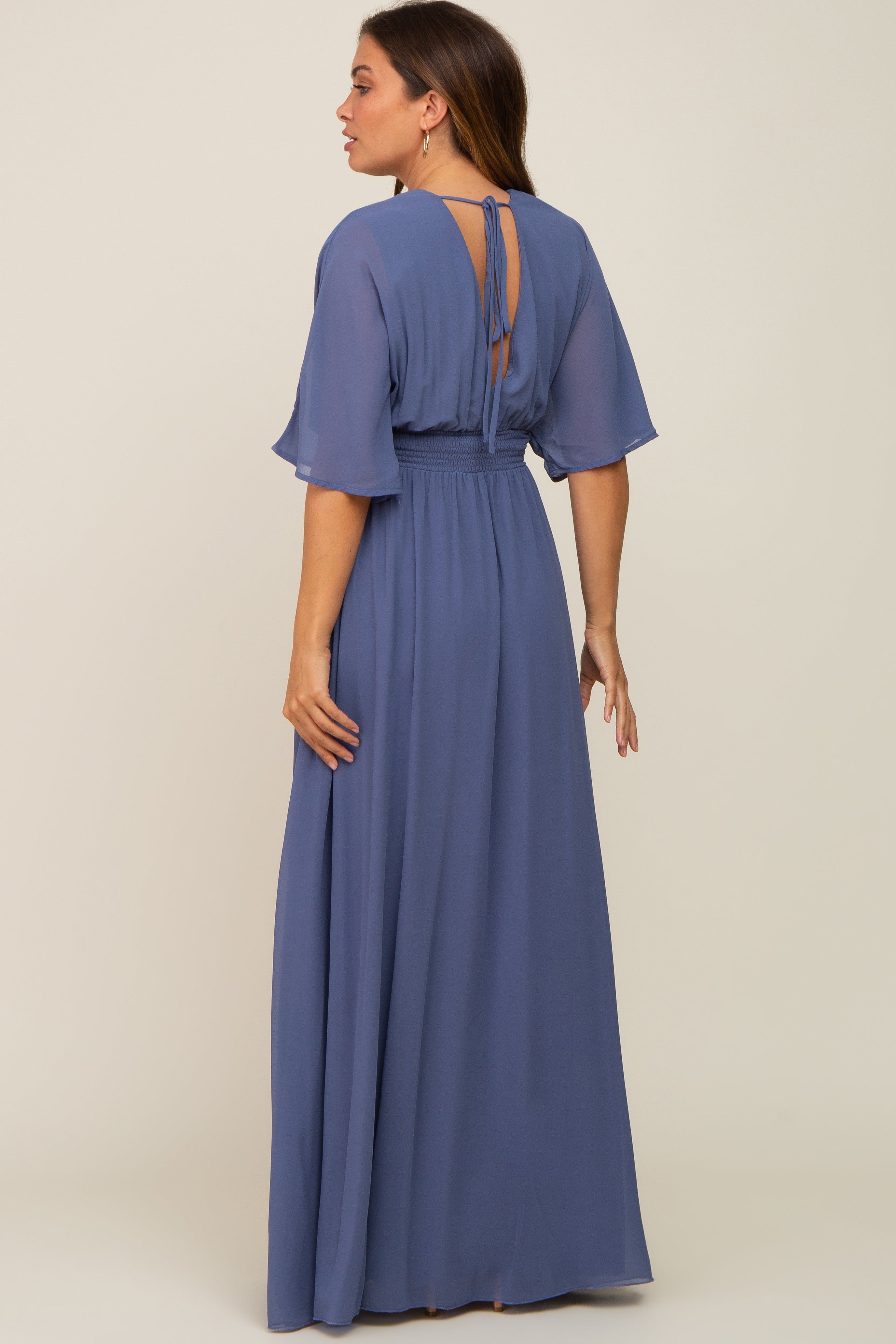 Navy Chiffon V-Neck Smocked Waist Maternity Maxi Dress sold by Pinkblush product image thumbnail 4
