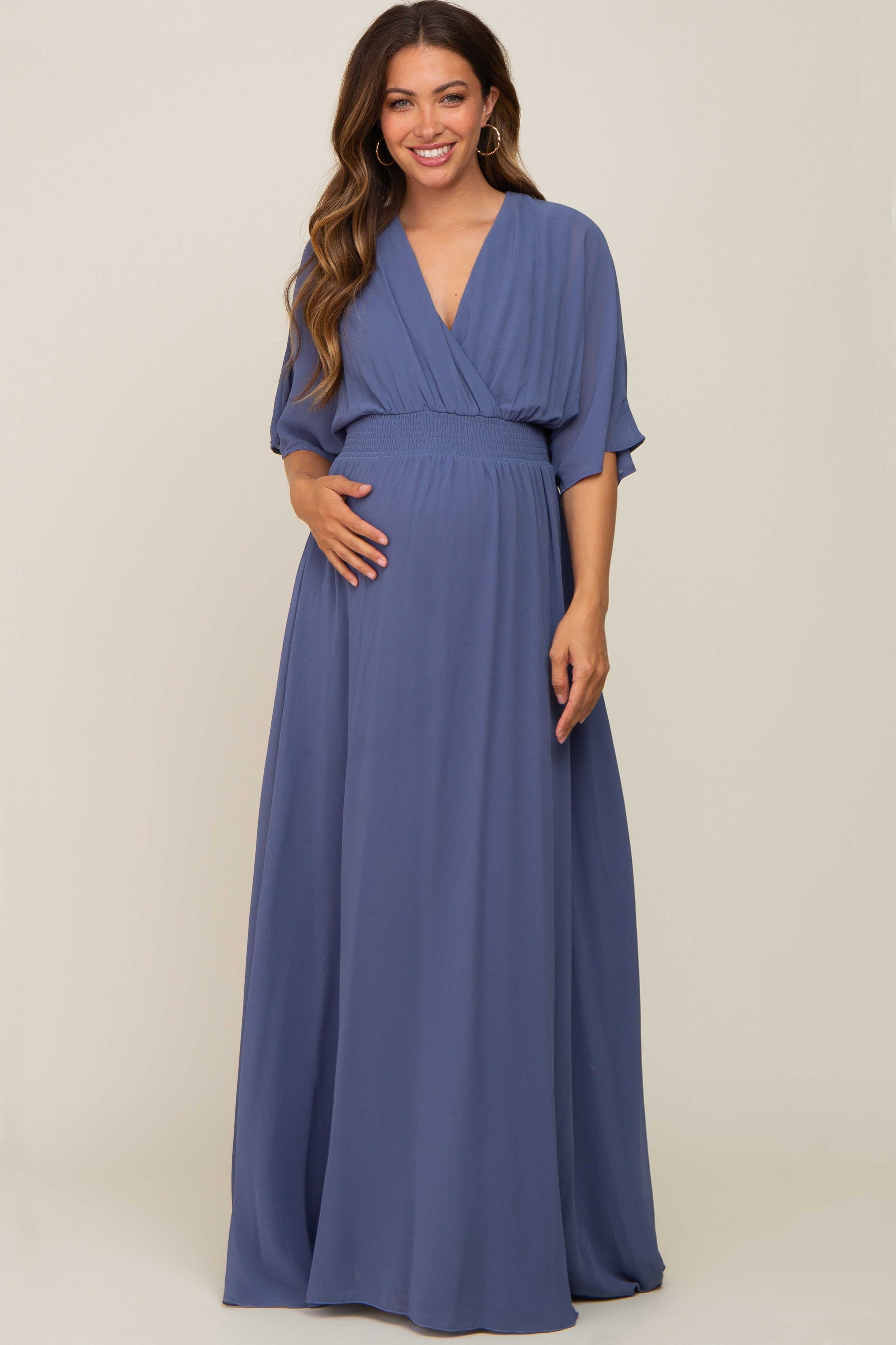 Navy Chiffon V-Neck Smocked Waist Maternity Maxi Dress sold by Pinkblush