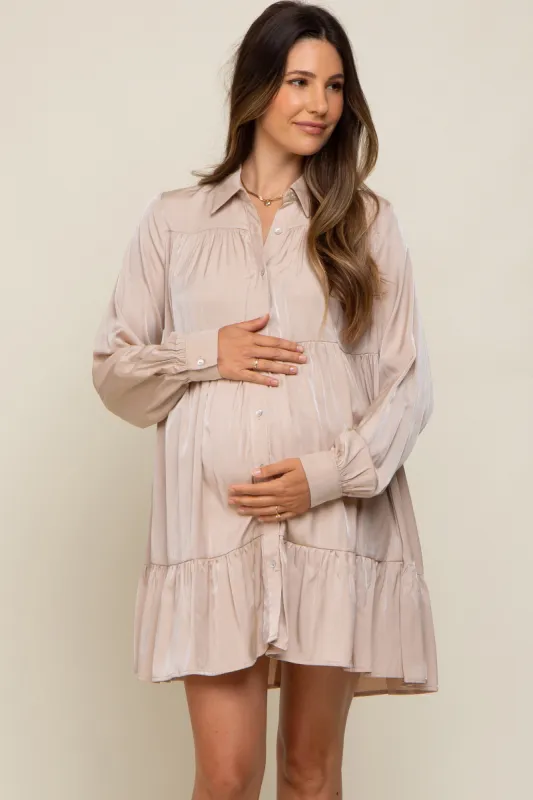 Taupe Button Up Tiered Long Sleeve Maternity Dress sold by Pinkblush