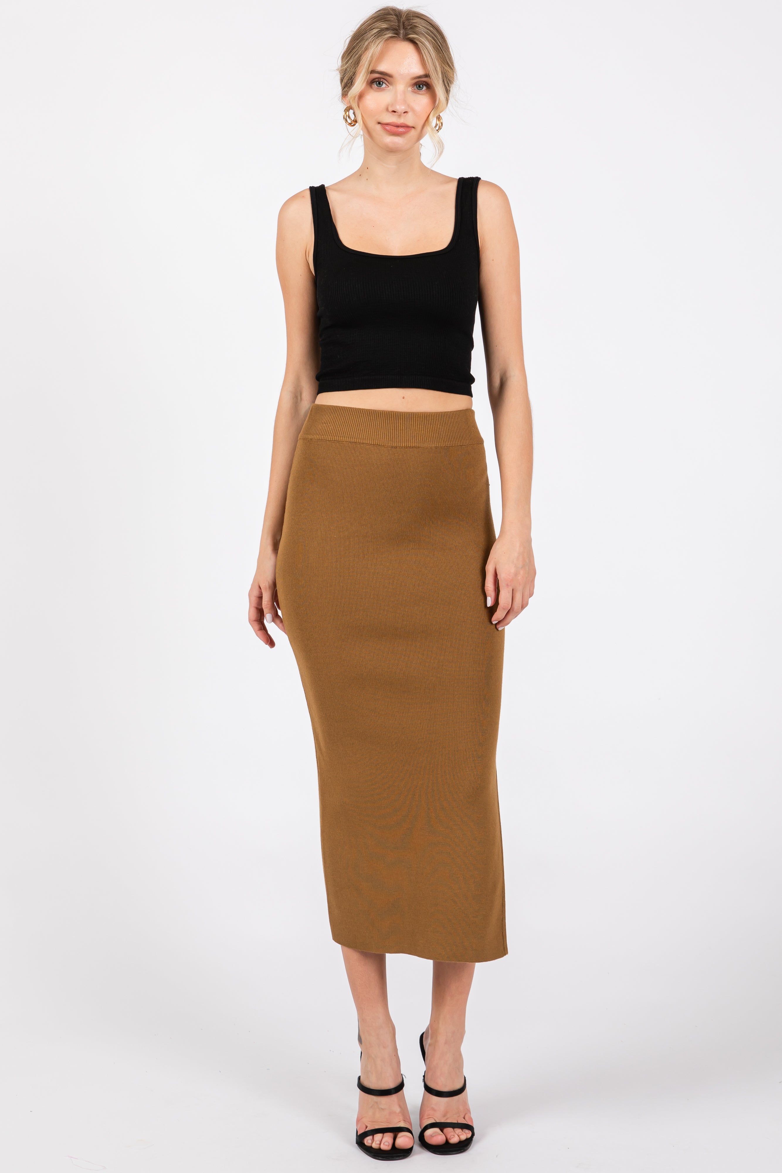 Mocha Rib Knit Midi Skirt sold by Pinkblush