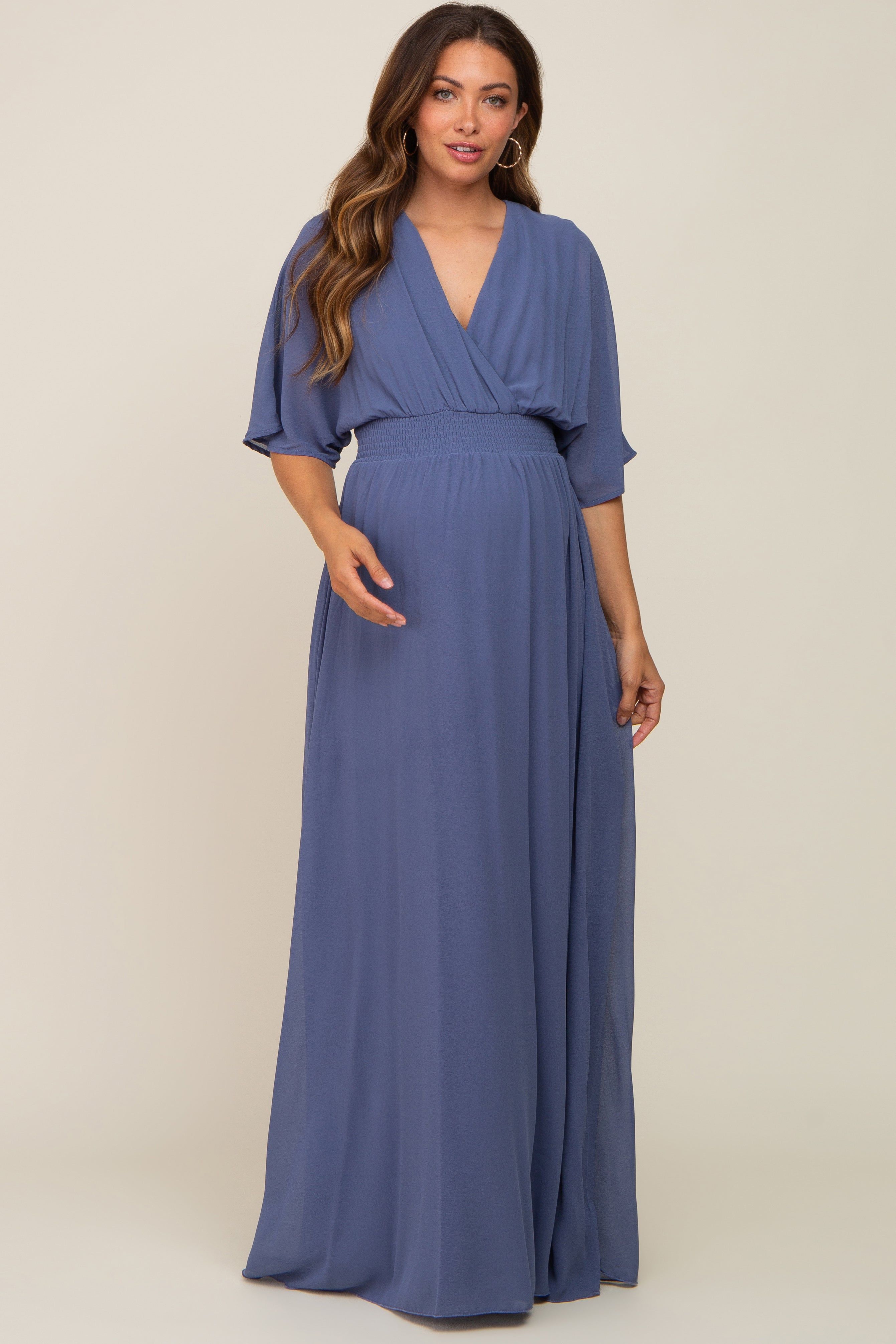 Navy Chiffon V-Neck Smocked Waist Maternity Maxi Dress sold by Pinkblush product image thumbnail 2