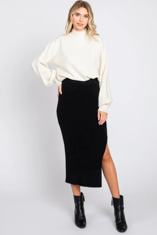Black Fuzzy Ribbed Midi Skirt sold by Pinkblush