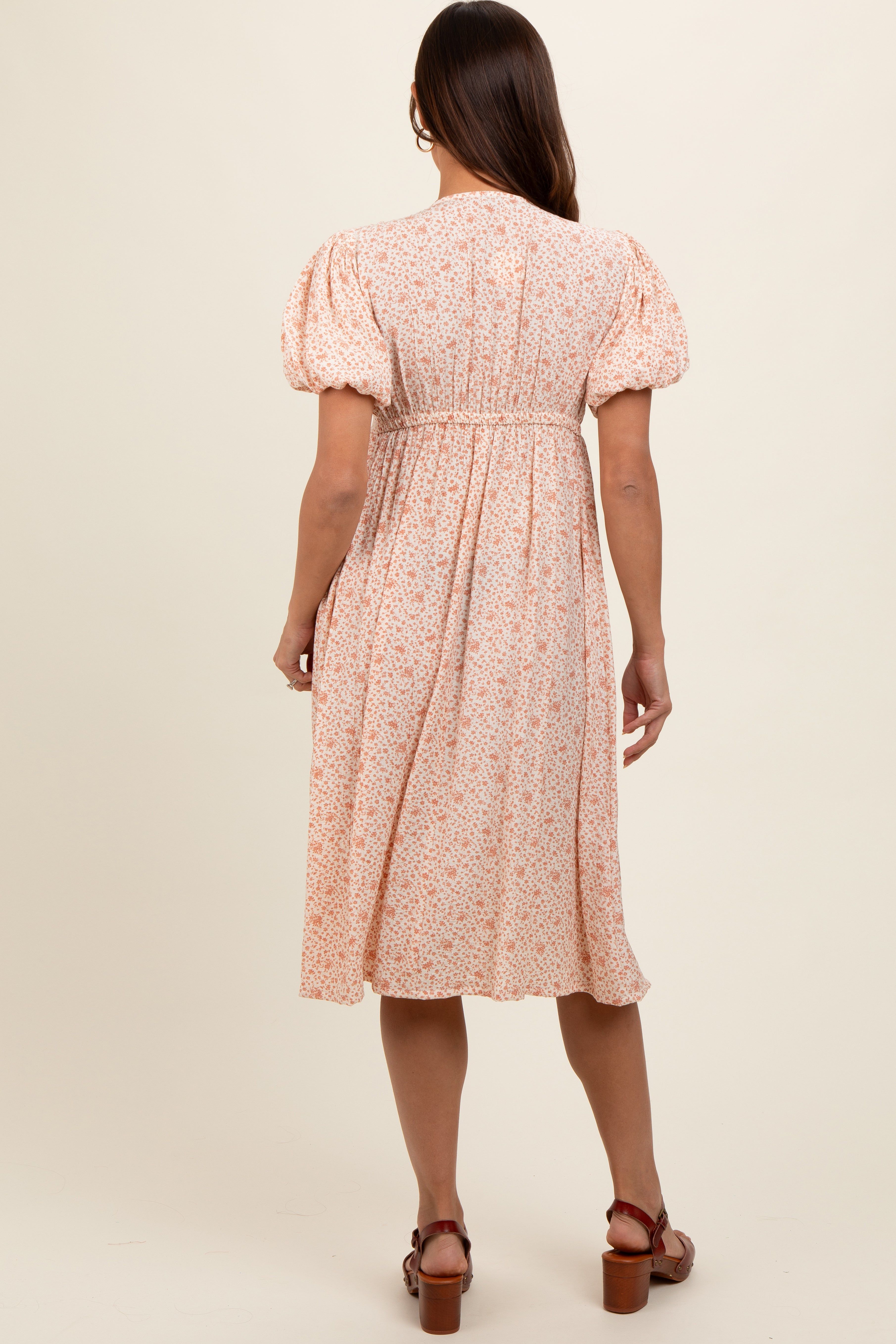 Peach Floral Puff Sleeve Maternity Midi Dress sold by Pinkblush product image thumbnail 3