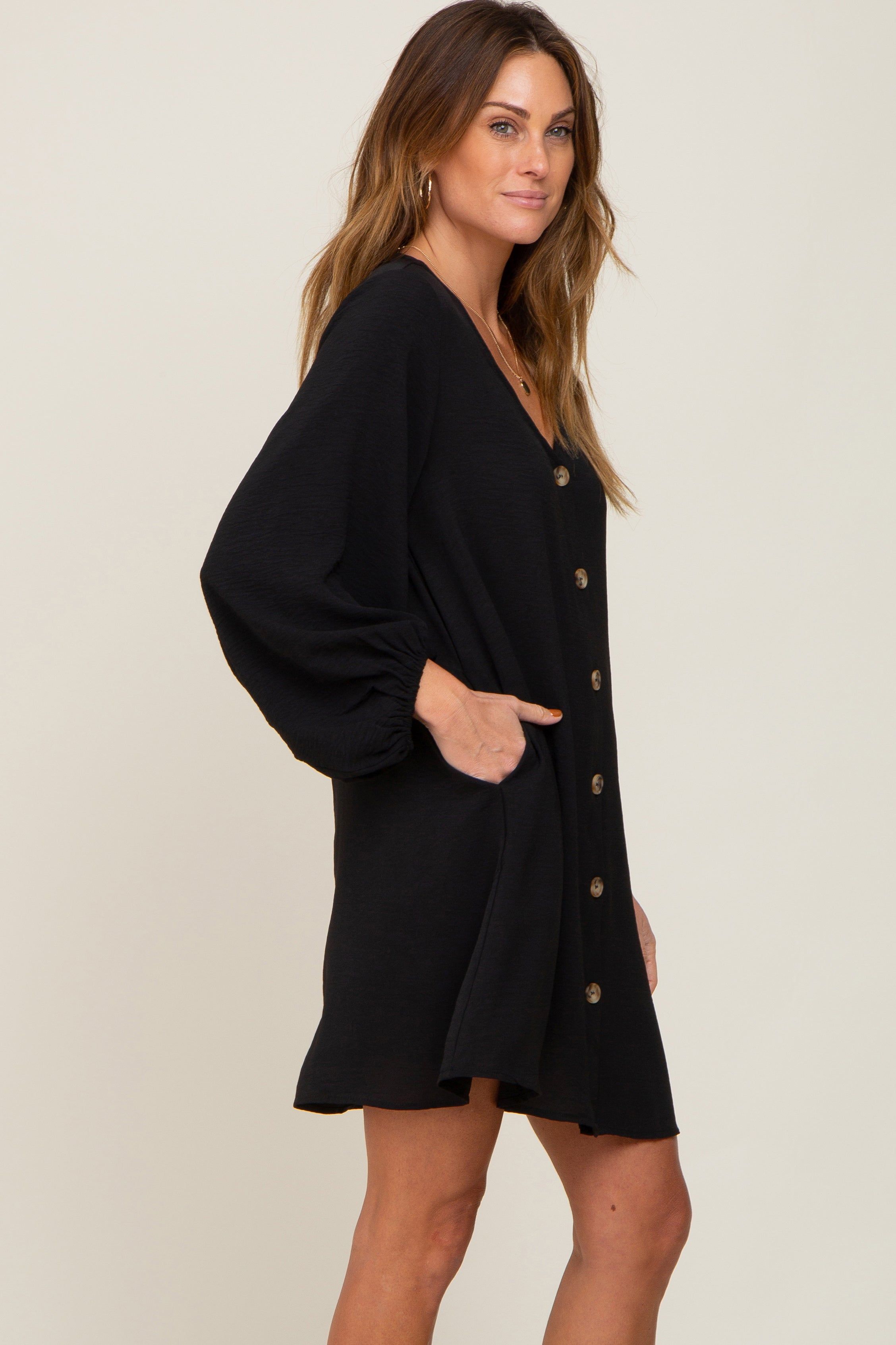 Black Button Front Balloon Sleeve Dress sold by Pinkblush product image thumbnail 2