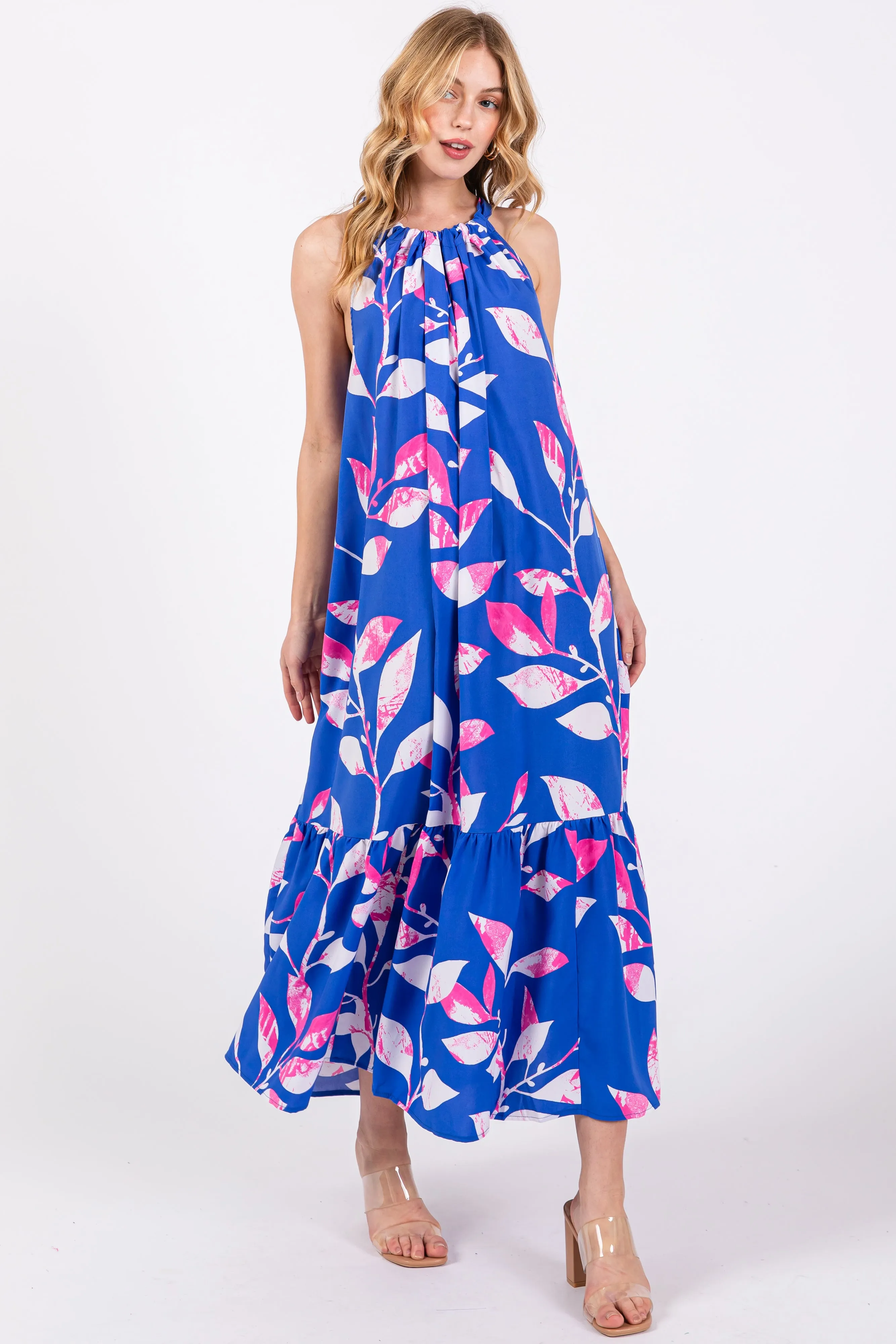Blue Halter Leaf Print Maternity Midi Dress sold by Pinkblush product image thumbnail 4