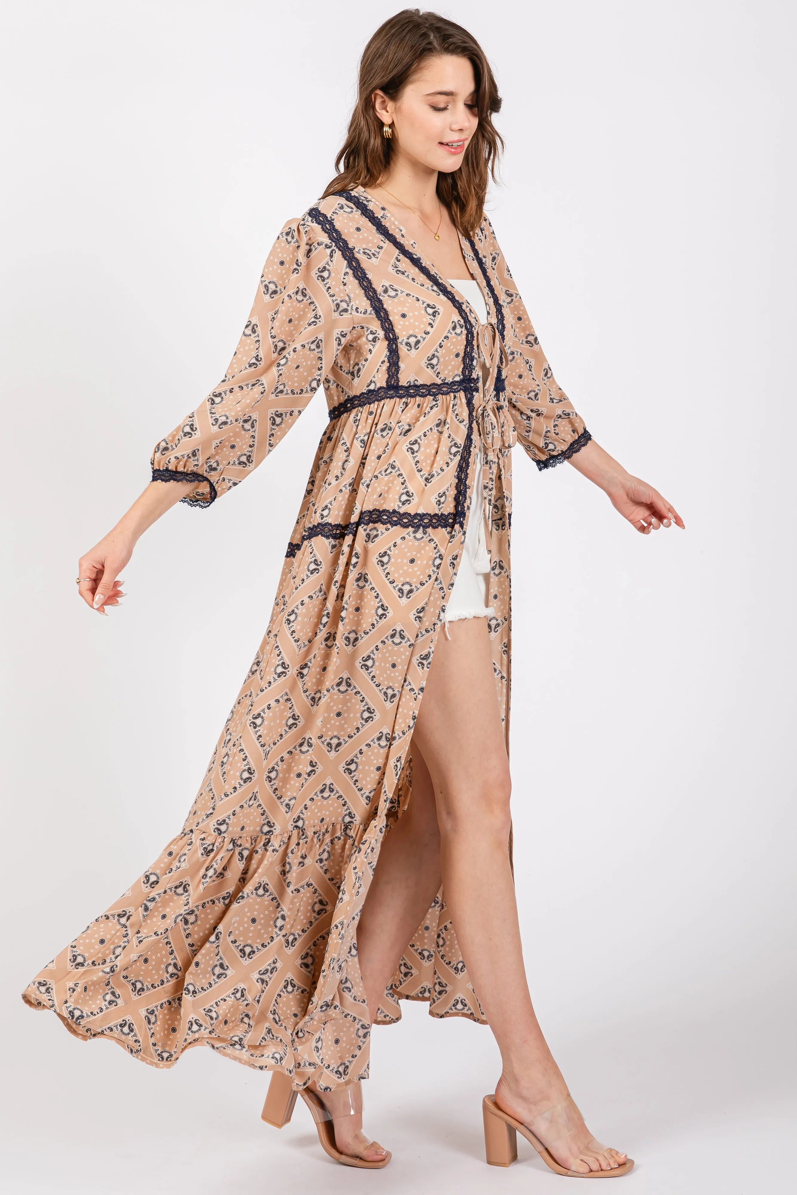 Beige Printed Tie Front Kimono Dress sold by Pinkblush product image thumbnail 2