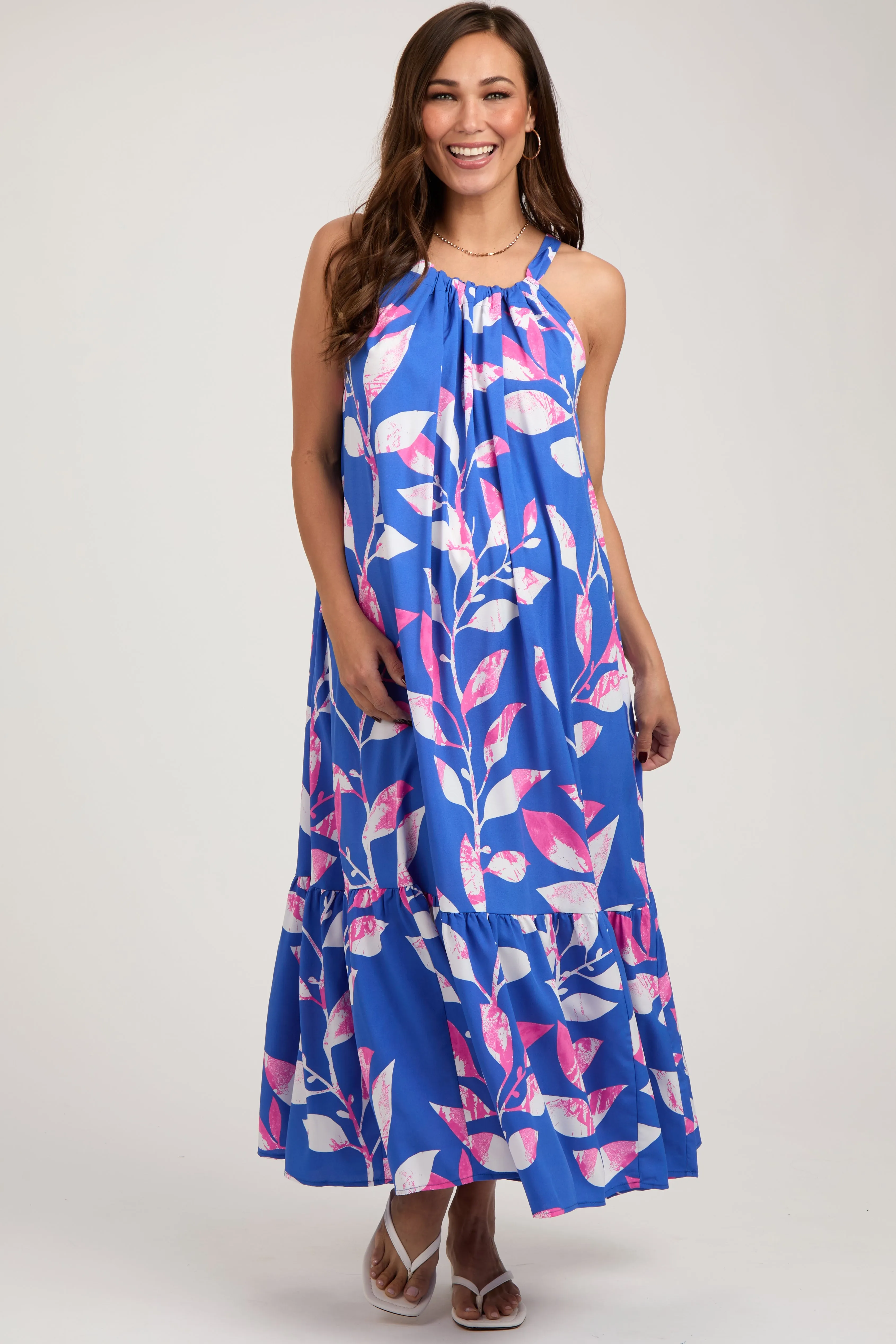 Blue Halter Leaf Print Maternity Midi Dress sold by Pinkblush