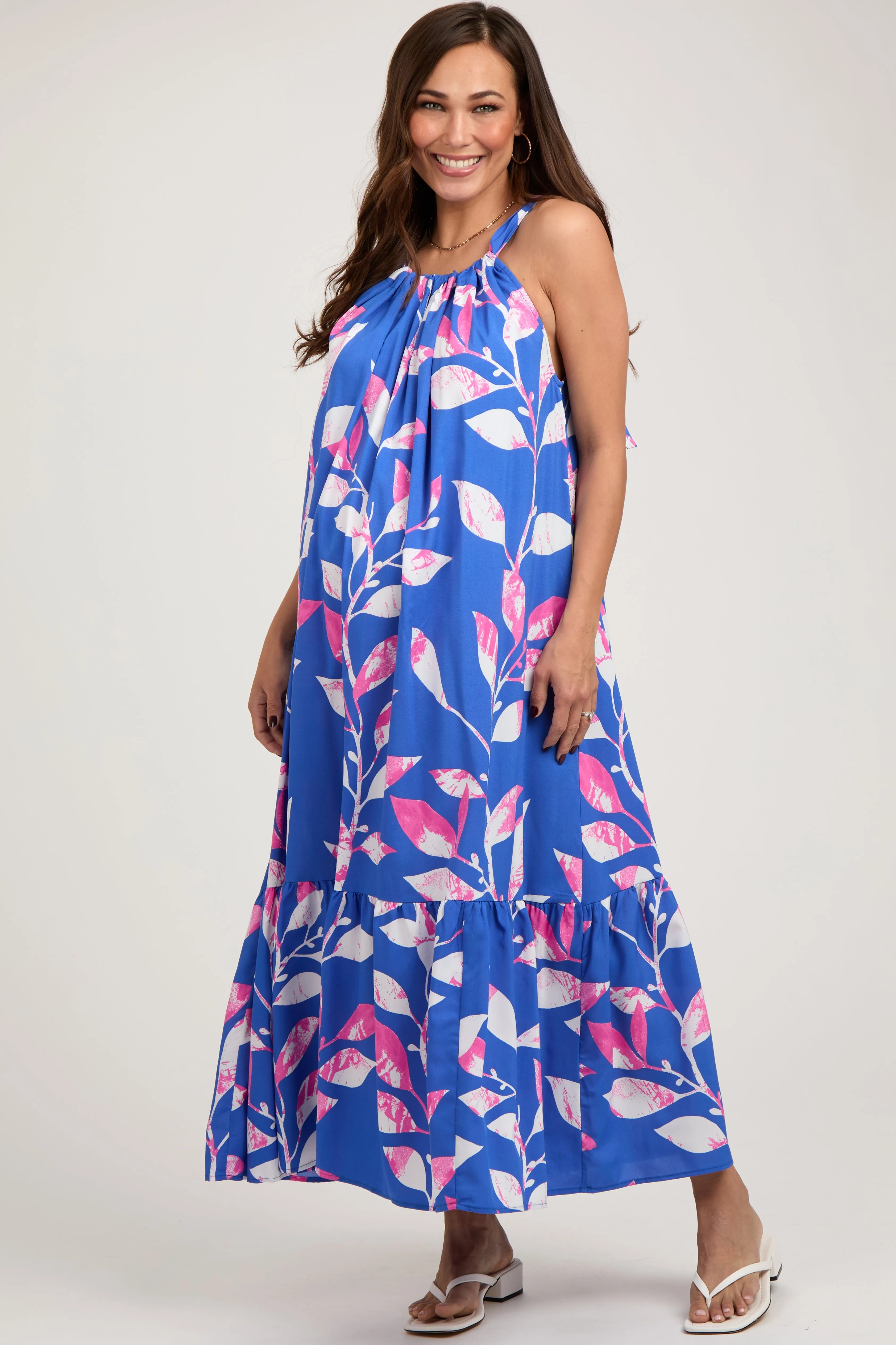 Blue Halter Leaf Print Maternity Midi Dress sold by Pinkblush product image thumbnail 2