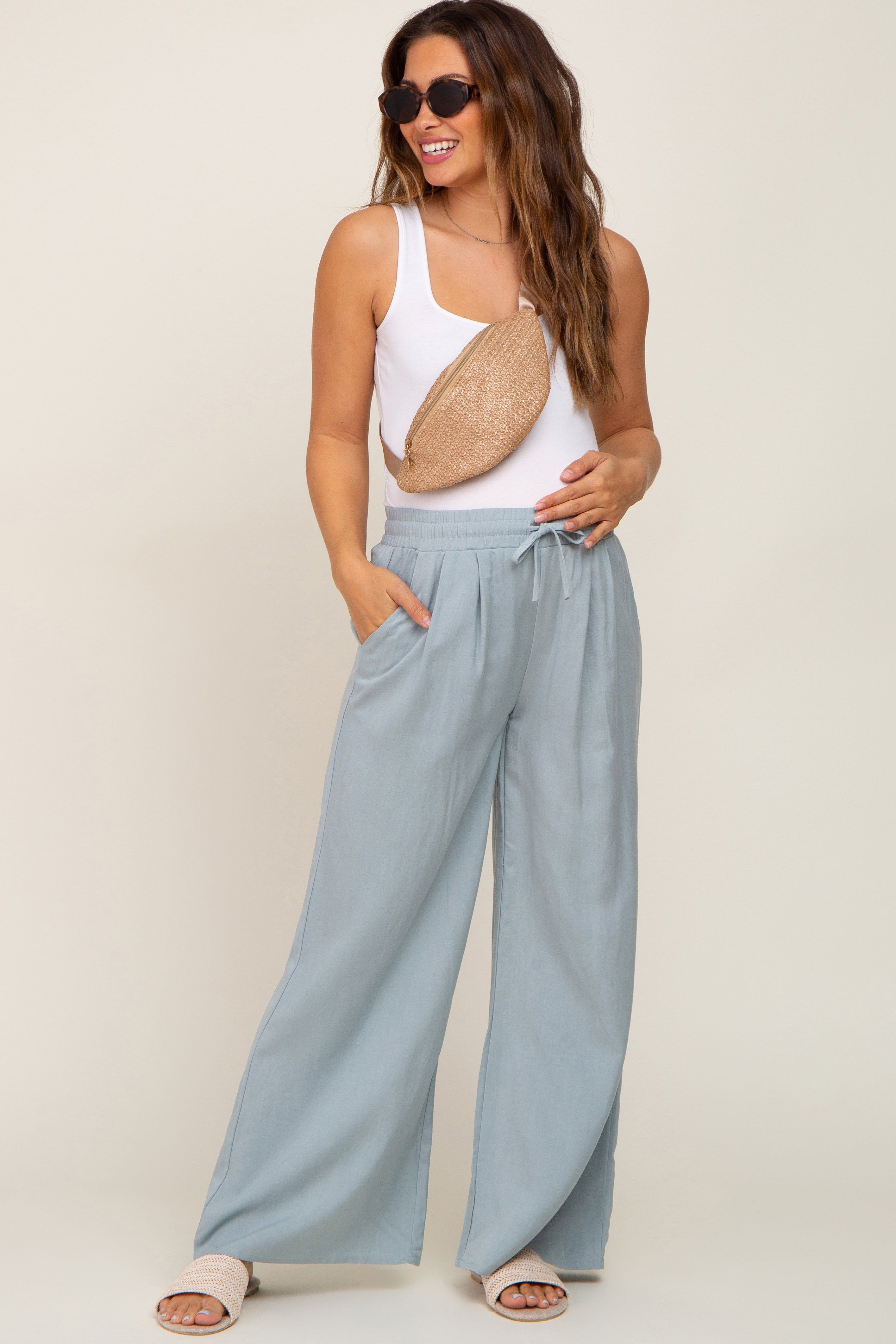 Light Blue Drawstring Wide Leg Maternity Pants sold by Pinkblush