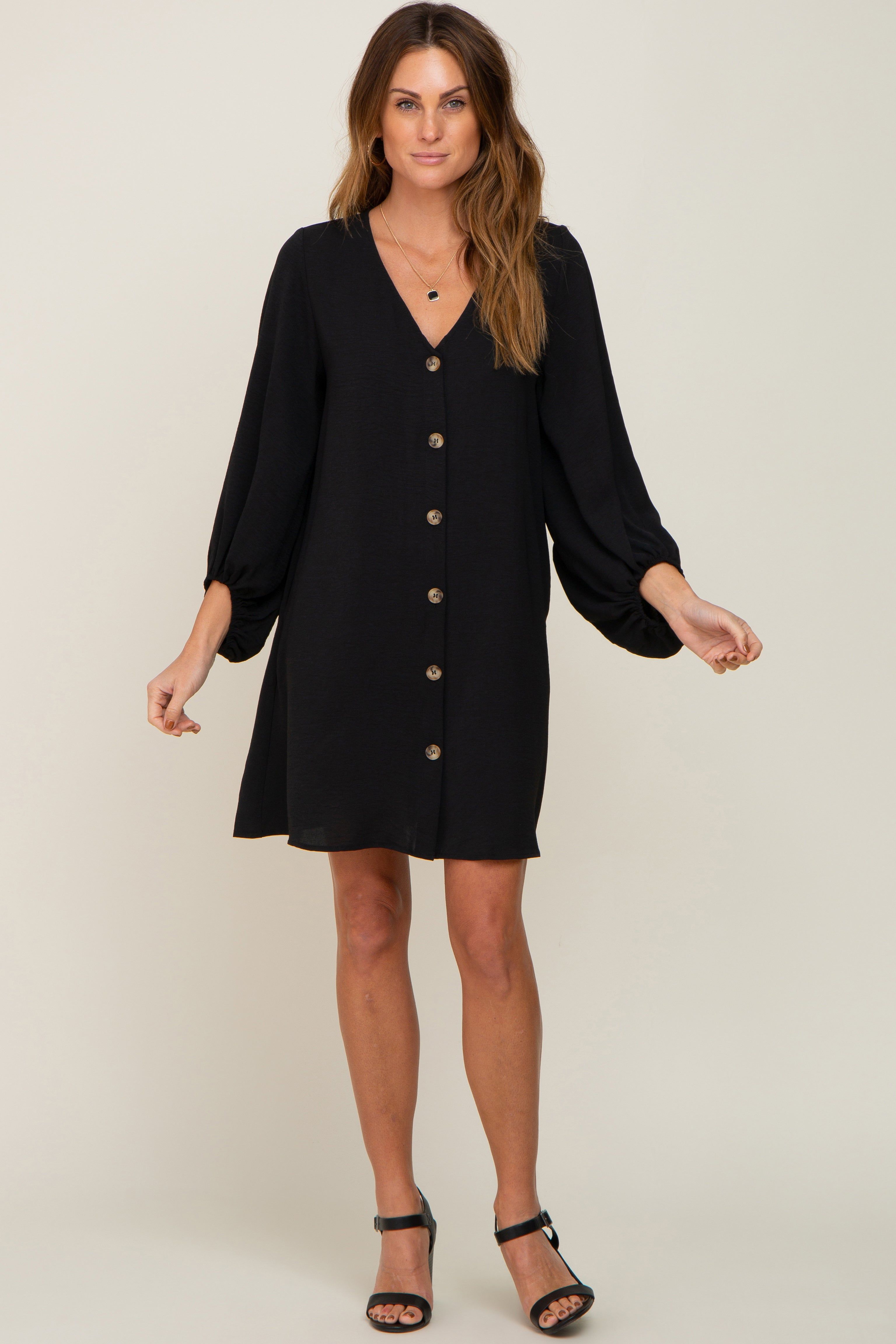 Black Button Front Balloon Sleeve Dress sold by Pinkblush product image thumbnail 4