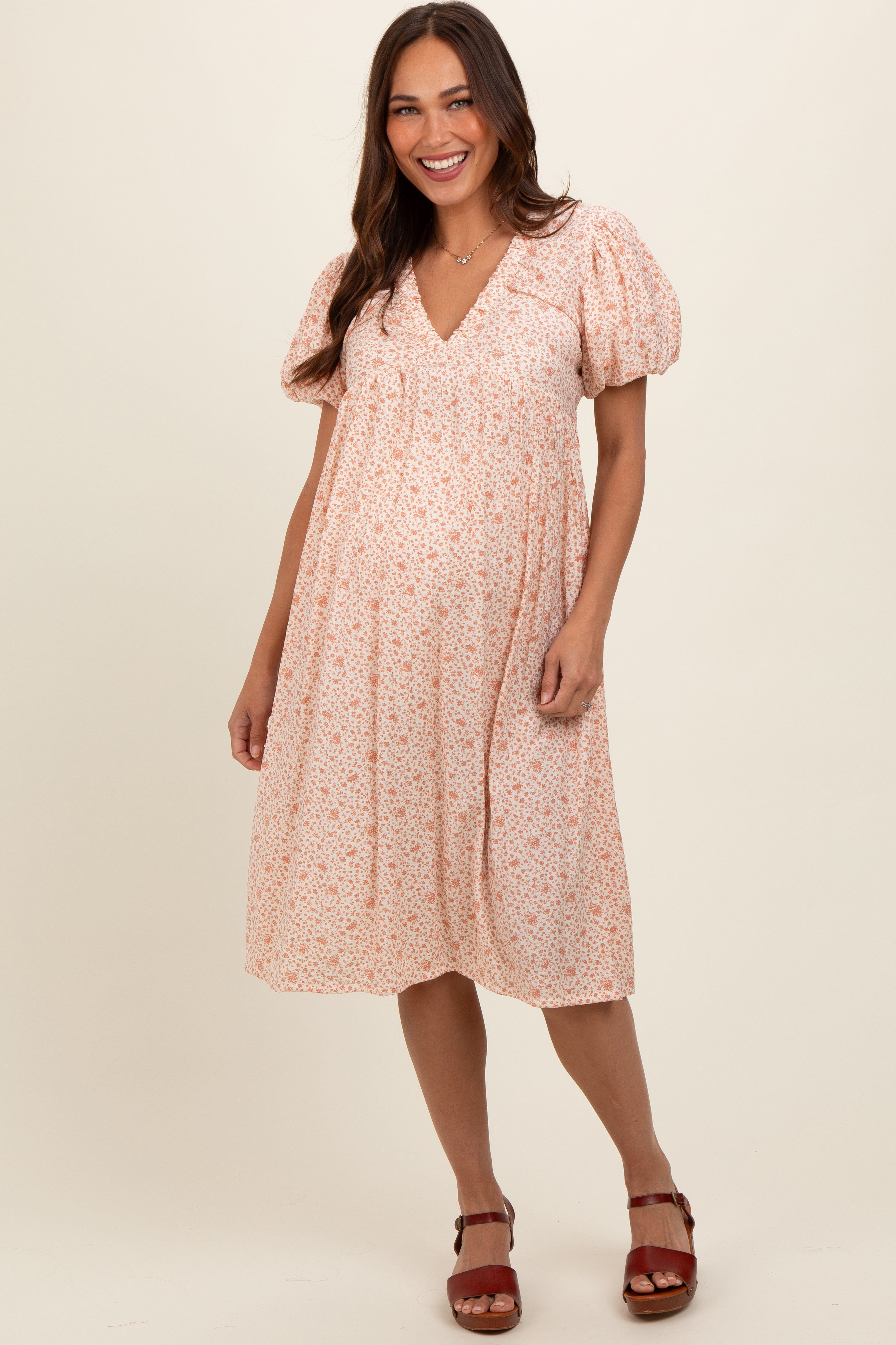 Peach Floral Puff Sleeve Maternity Midi Dress sold by Pinkblush product image thumbnail 2