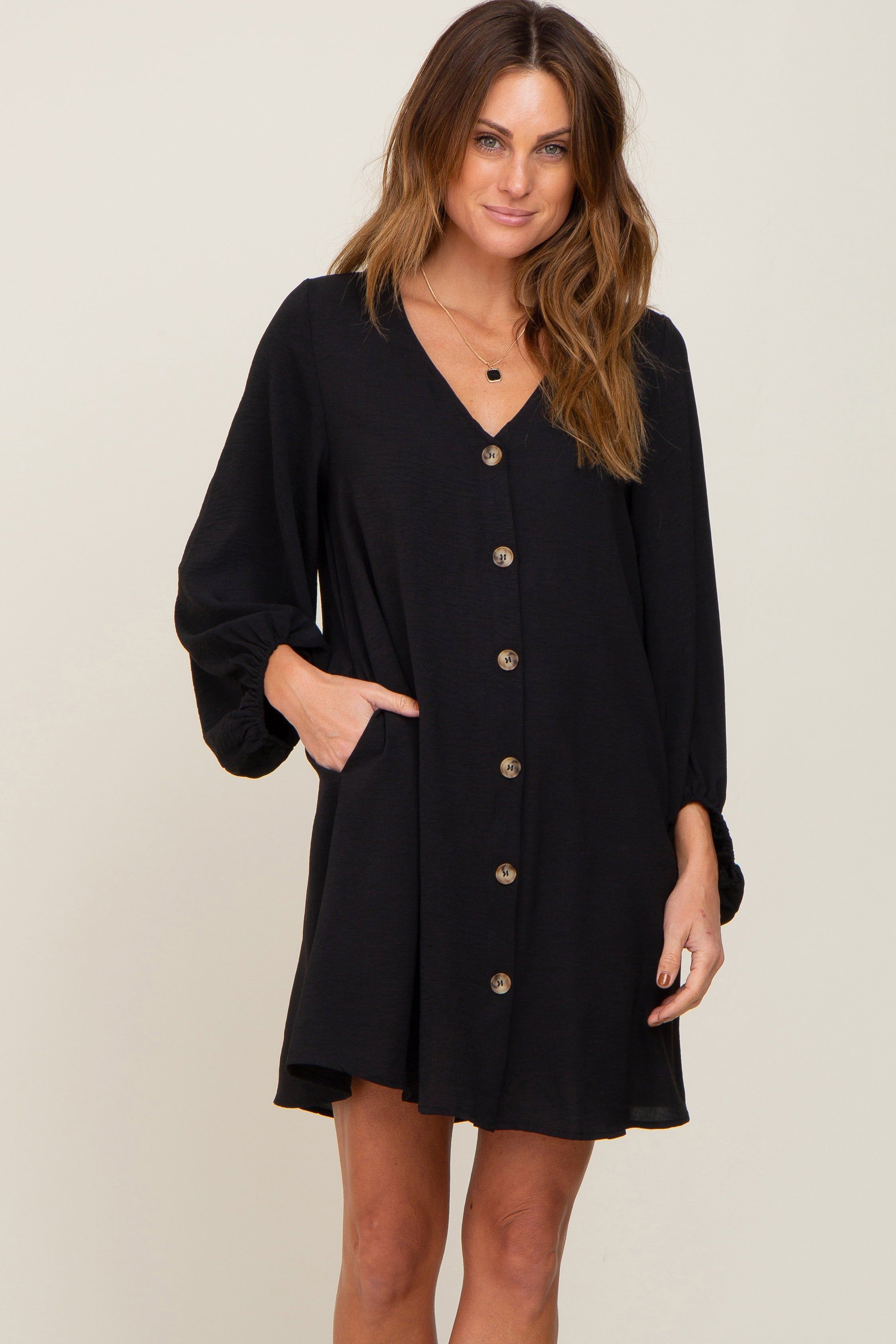 Black Button Front Balloon Sleeve Dress sold by Pinkblush