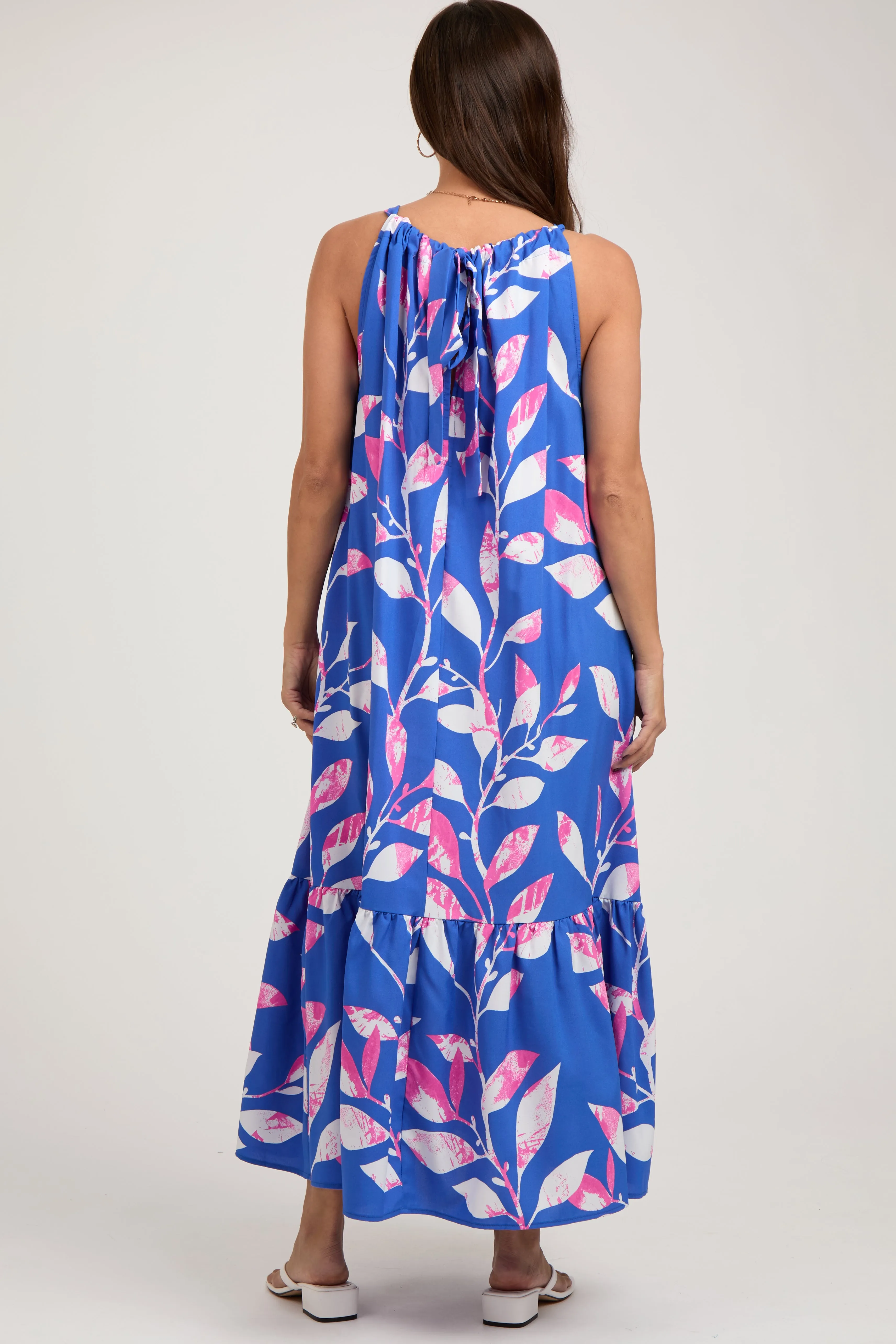Blue Halter Leaf Print Maternity Midi Dress sold by Pinkblush product image thumbnail 3