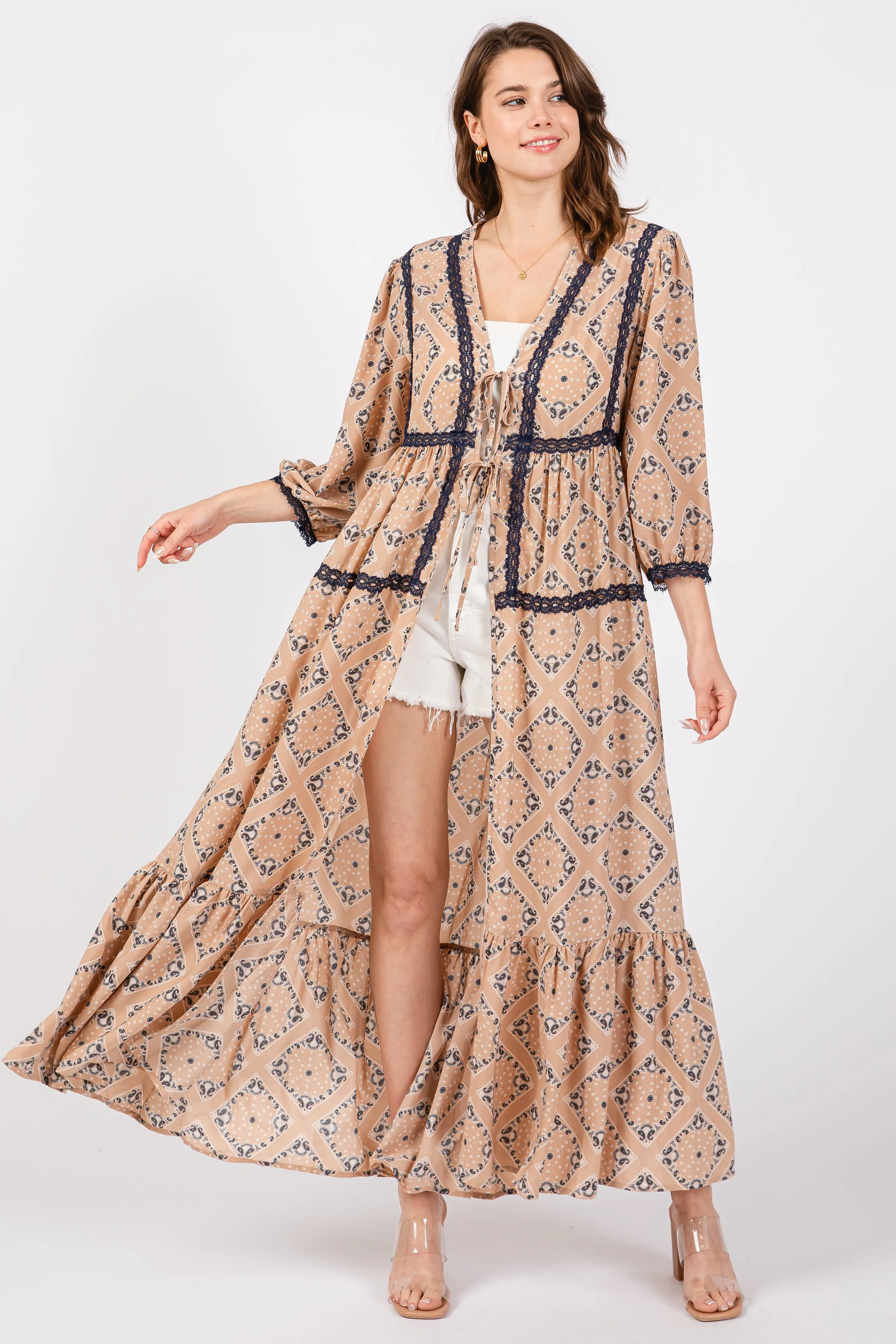 Beige Printed Tie Front Kimono Dress sold by Pinkblush