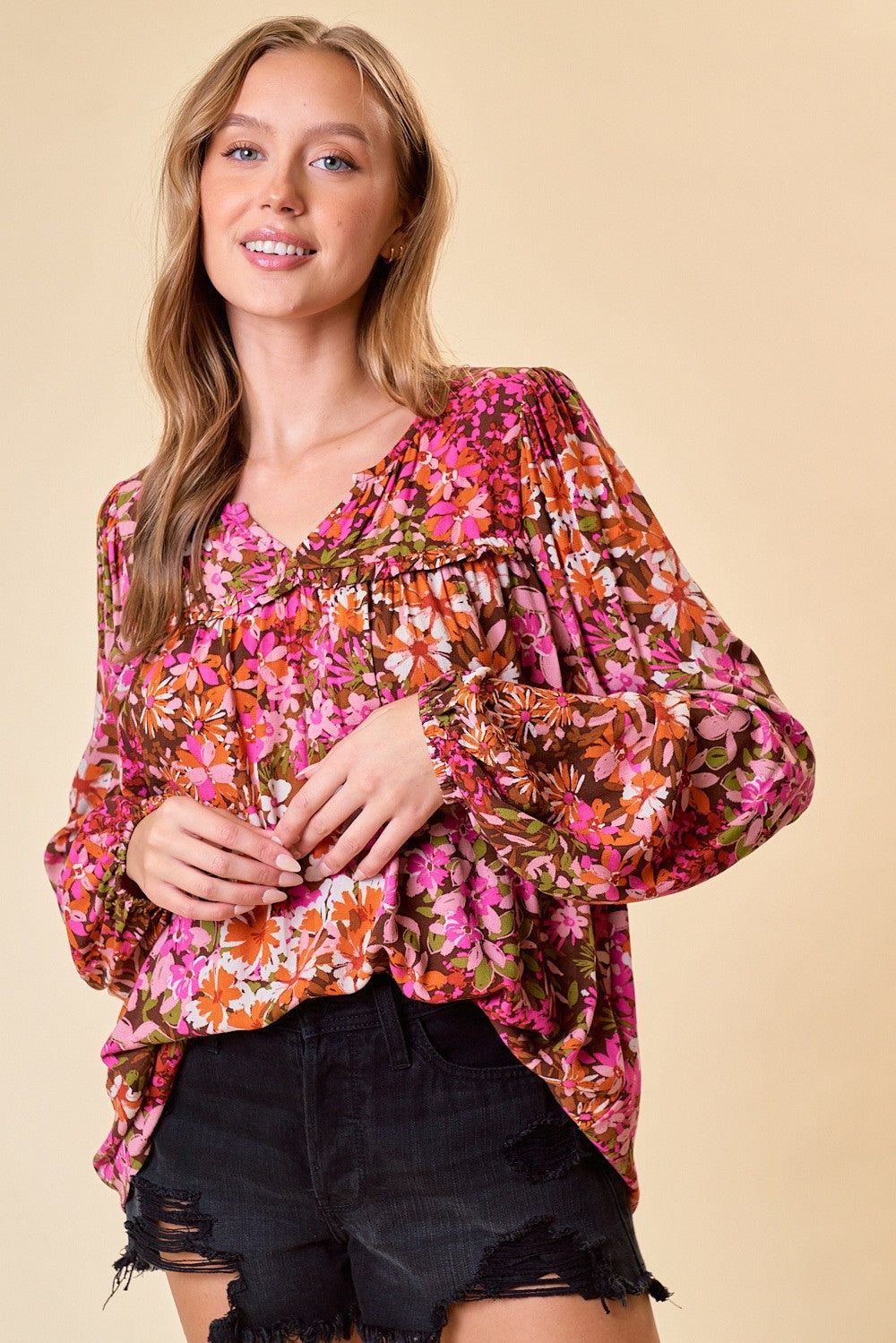 Pink Floral Printed Puff Long Sleeve Blouse sold by Pinkblush