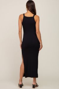 Black Ribbed Fitted Side Slit Maternity Midi Dress sold by Pinkblush
