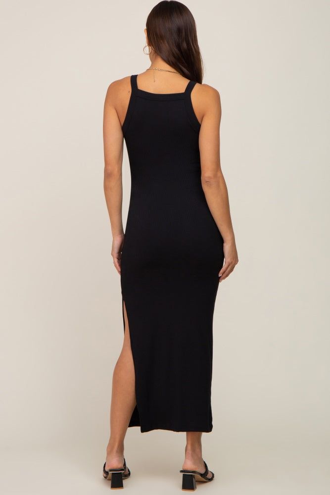 Black Ribbed Fitted Side Slit Maternity Midi Dress sold by Pinkblush product image thumbnail 3