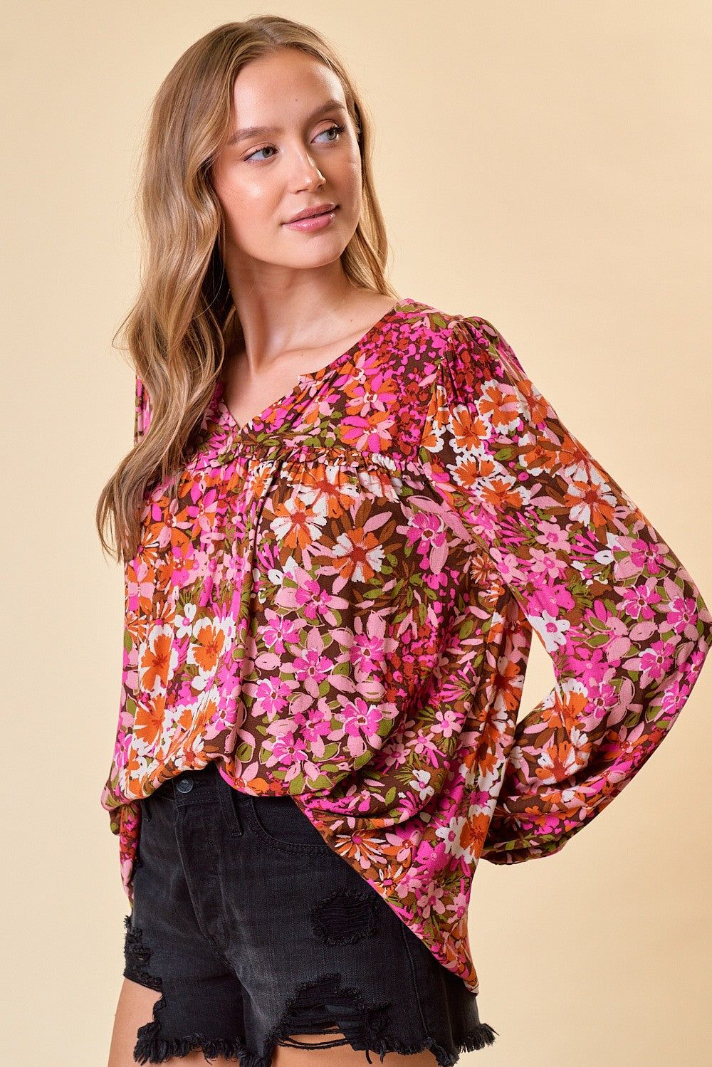 Pink Floral Printed Puff Long Sleeve Blouse sold by Pinkblush product image thumbnail 2