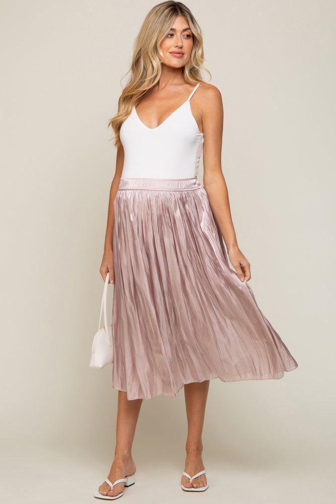 Light Pink Pleated Shimmer Satin Maternity Midi Skirt sold by Pinkblush