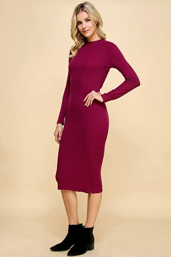 Burgundy Ribbed Mock Neck Button Side Slit Midi Dress sold by Pinkblush product image thumbnail 2