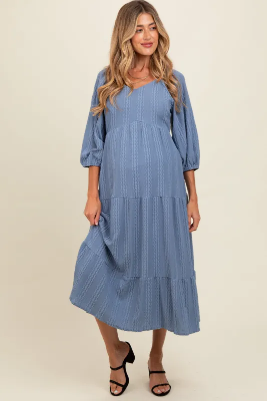 Blue Embroidered Tiered Maternity Midi Dress sold by Pinkblush