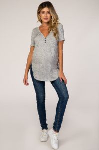 Heather Grey Ribbed Short Sleeve Button Detail Maternity Top sold by Pinkblush