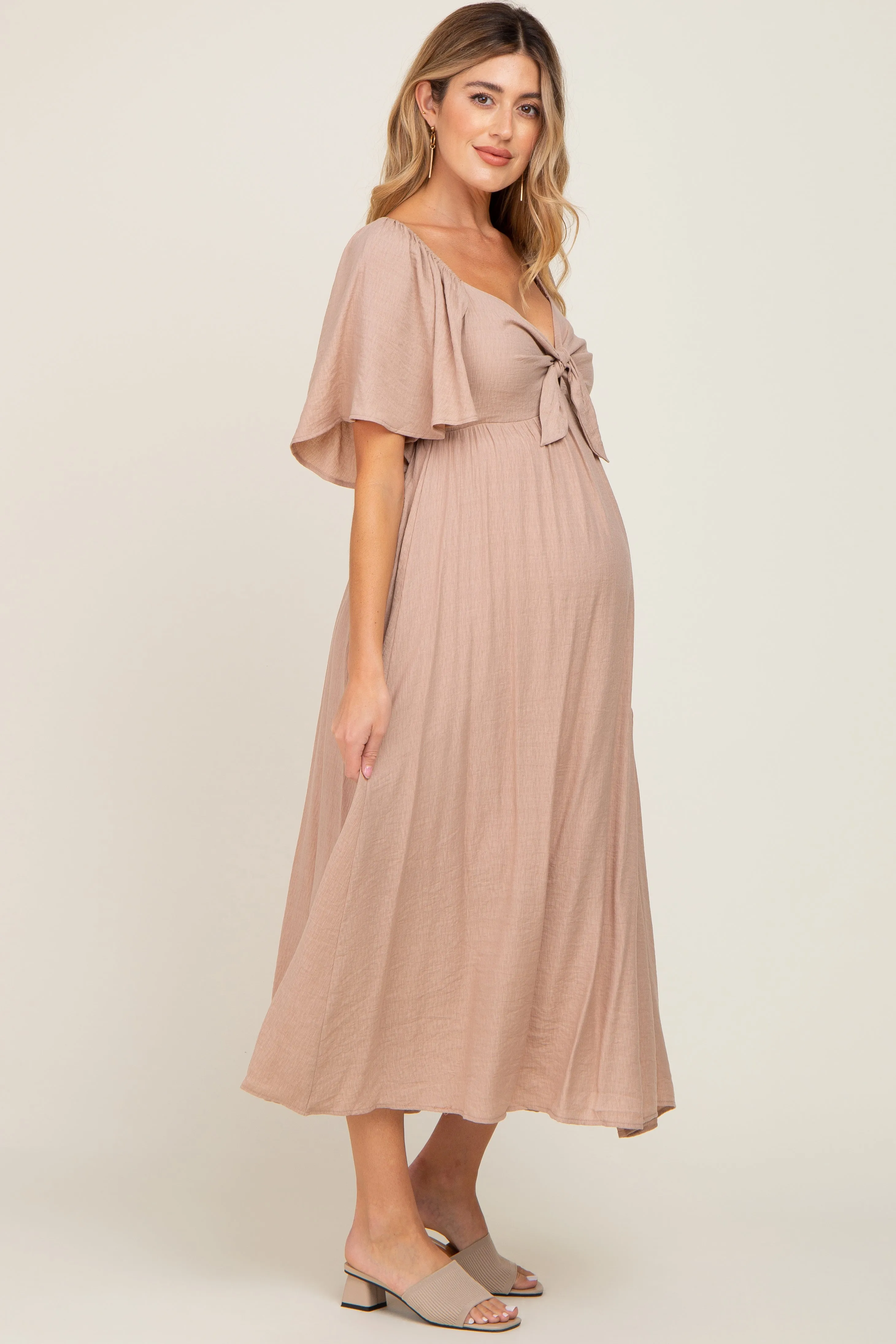 Mocha Front Tie Ruffle Sleeve Maternity Midi Dress sold by Pinkblush product image thumbnail 2