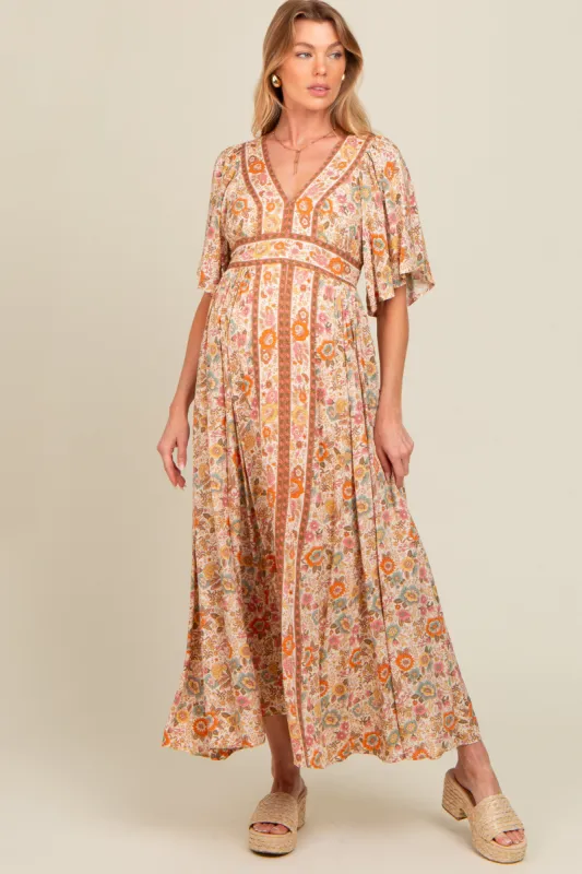 Ivory Floral Border Print Flutter Sleeve Maternity Maxi Dress sold by Pinkblush