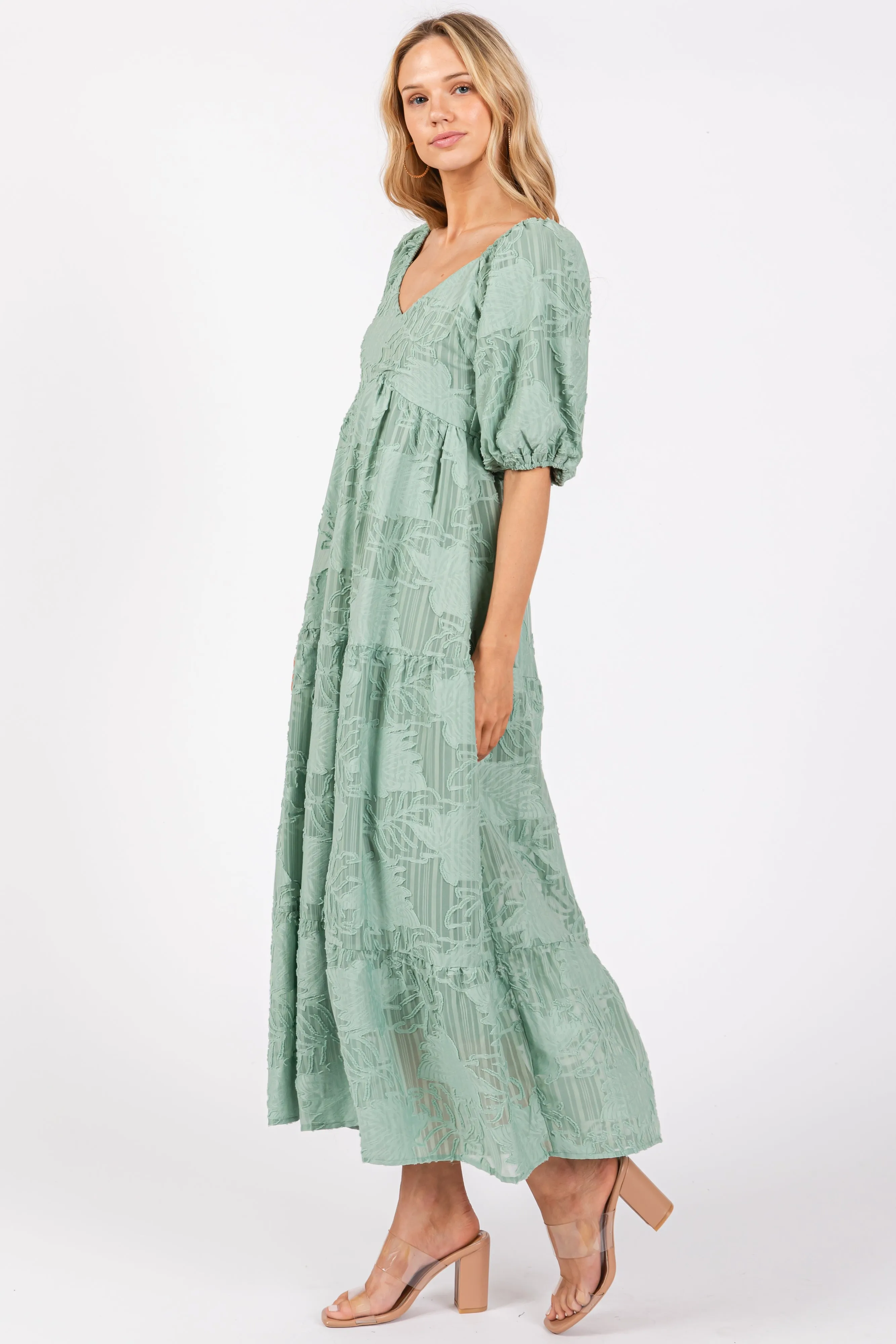 Light Olive Embroidered Leaf Print Striped Maxi Dress sold by Pinkblush product image thumbnail 2