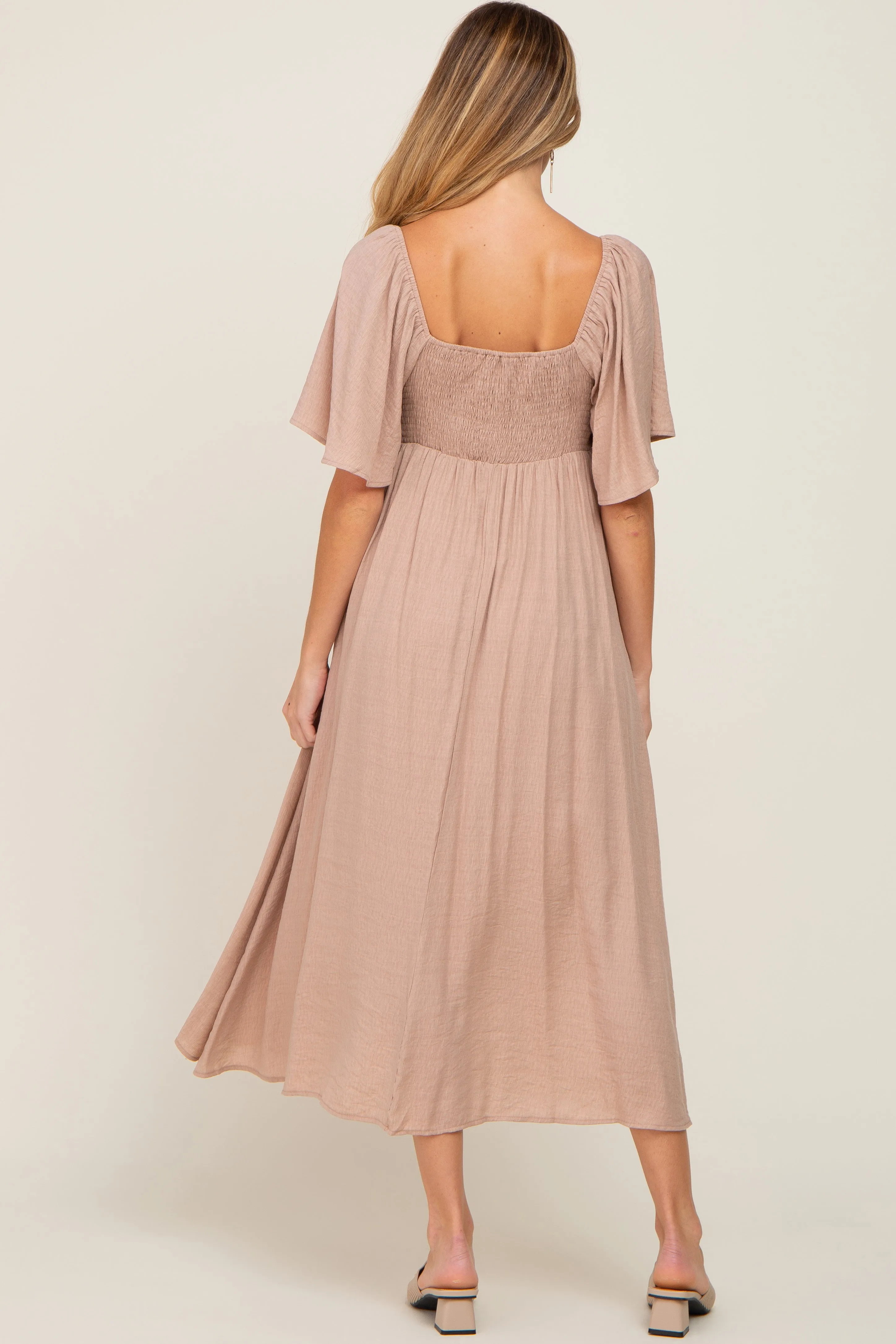 Mocha Front Tie Ruffle Sleeve Maternity Midi Dress sold by Pinkblush product image thumbnail 3