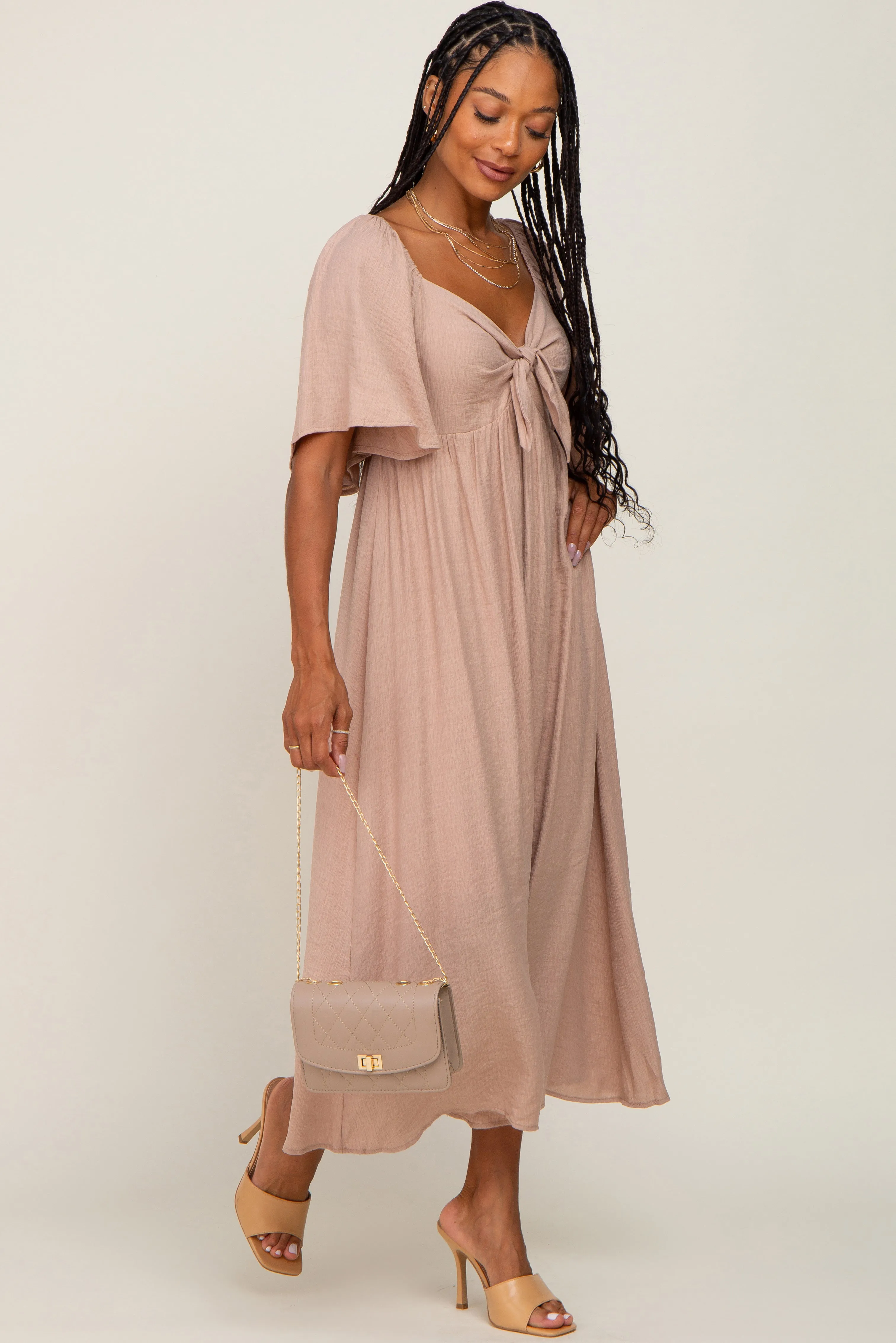 Mocha Front Tie Ruffle Sleeve Maternity Midi Dress sold by Pinkblush product image thumbnail 4
