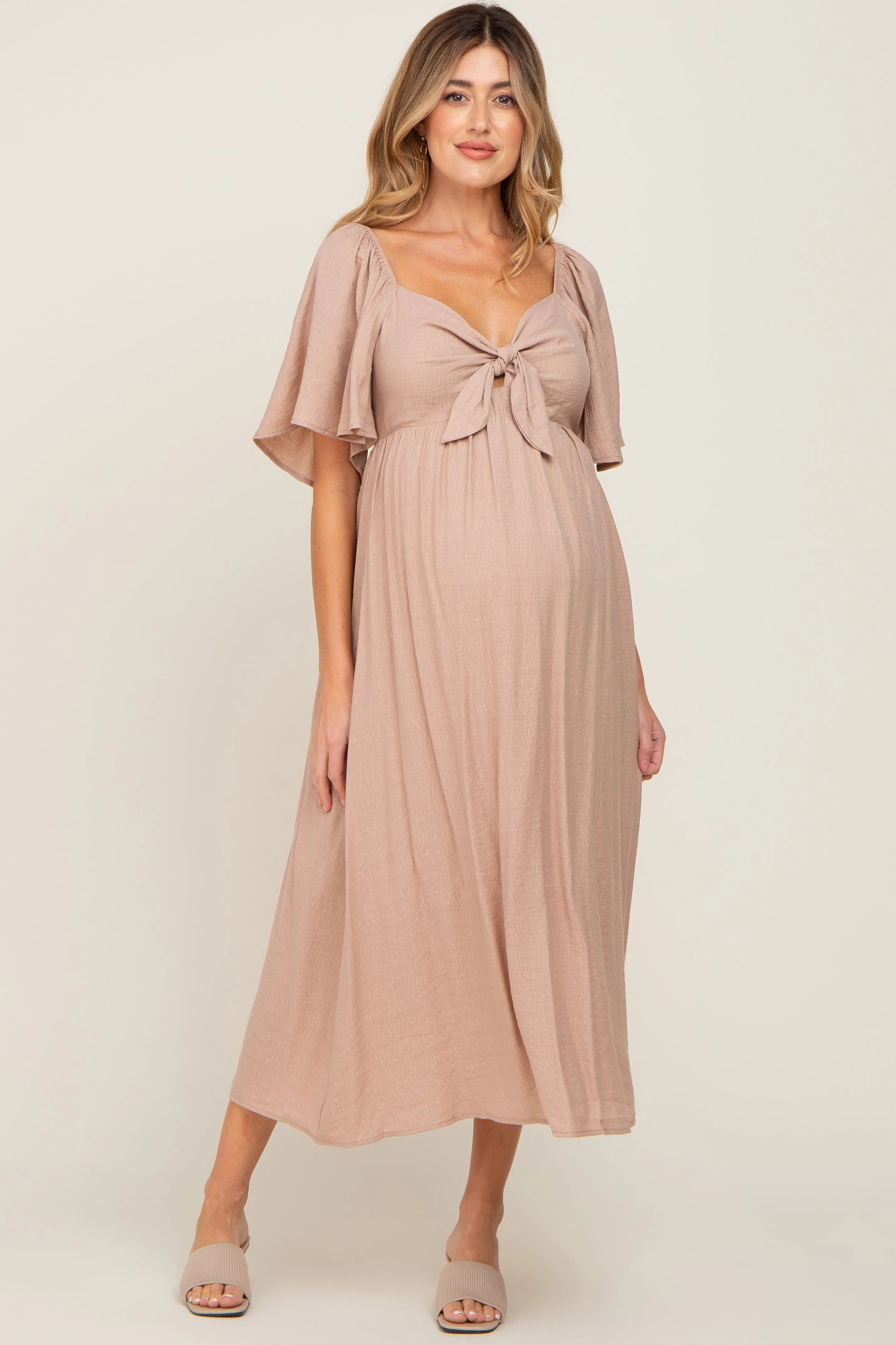 Mocha Front Tie Ruffle Sleeve Maternity Midi Dress sold by Pinkblush