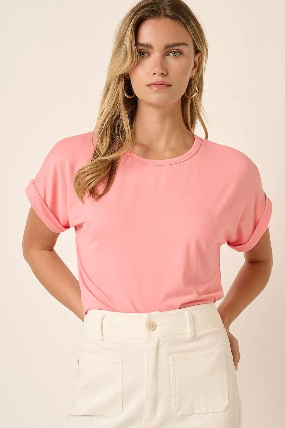 Pink Rolled Cuff Short Sleeve Top sold by Pinkblush