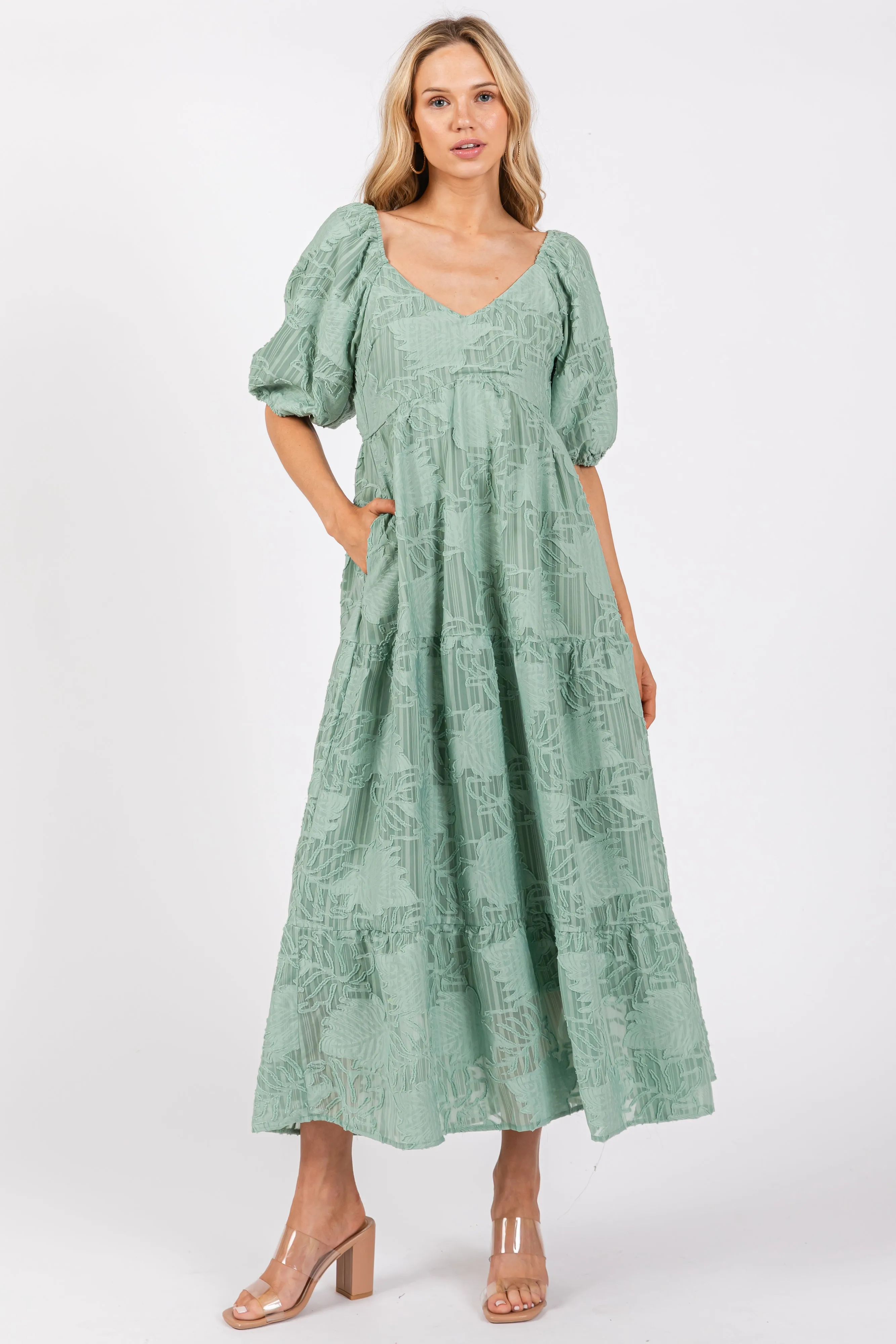 Light Olive Embroidered Leaf Print Striped Maxi Dress sold by Pinkblush