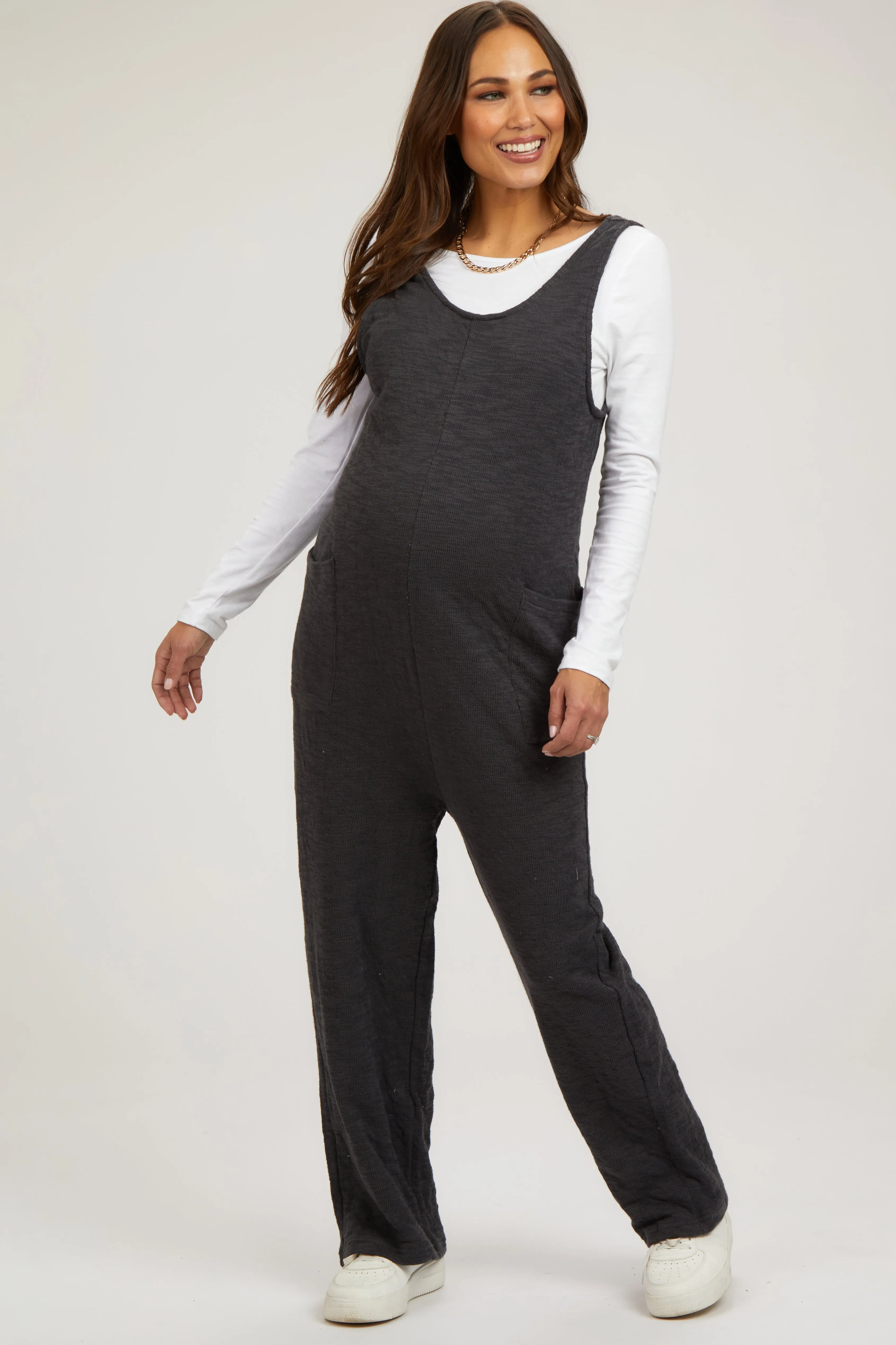 Charcoal Scoop Neck Sleeveless Maternity Jumpsuit sold by Pinkblush