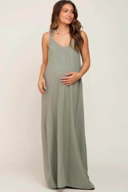 Light Olive Linen V-Neck Tie Strap Maternity Maxi Dress sold by Pinkblush