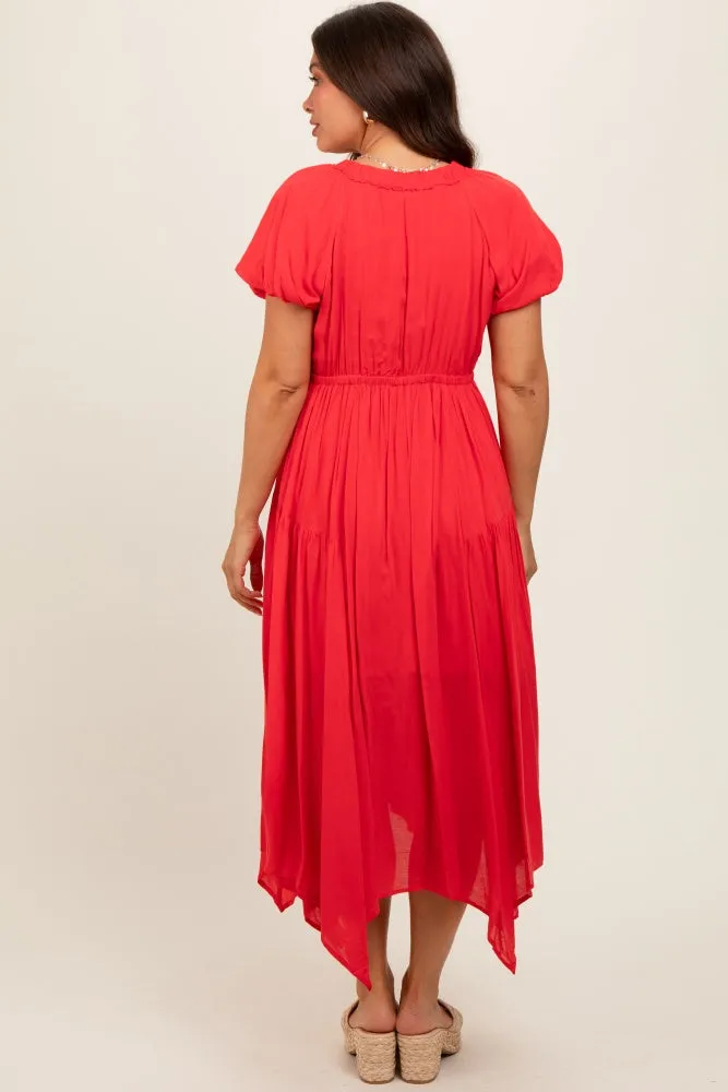 Red Deep V-Neck Puff Short Sleeve Asymmetrical Hem Maternity Midi Dress sold by Pinkblush product image thumbnail 3