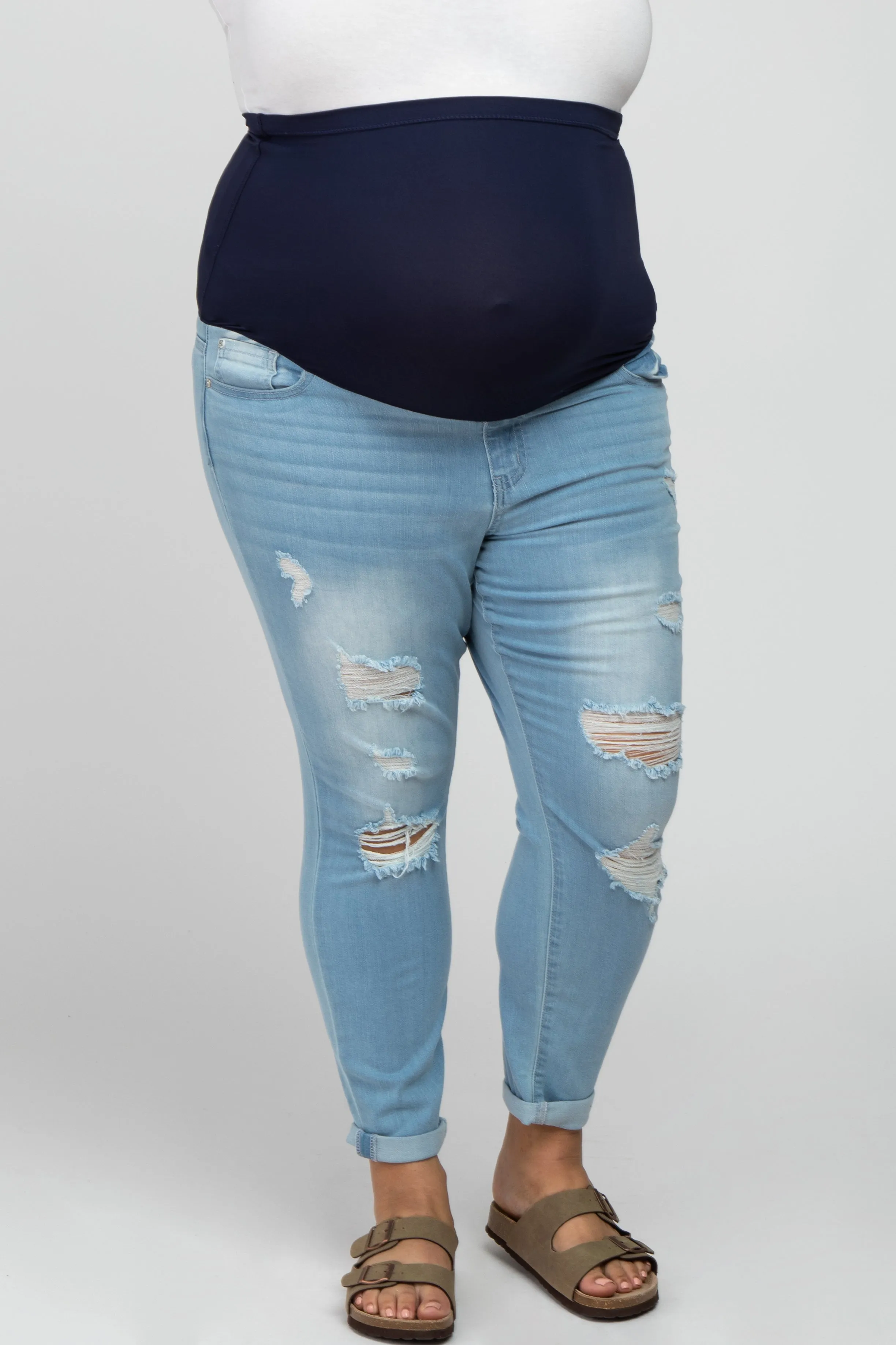 Light Blue Distressed Rolled Hem Maternity Plus Crop Jeans sold by Pinkblush product image thumbnail 2
