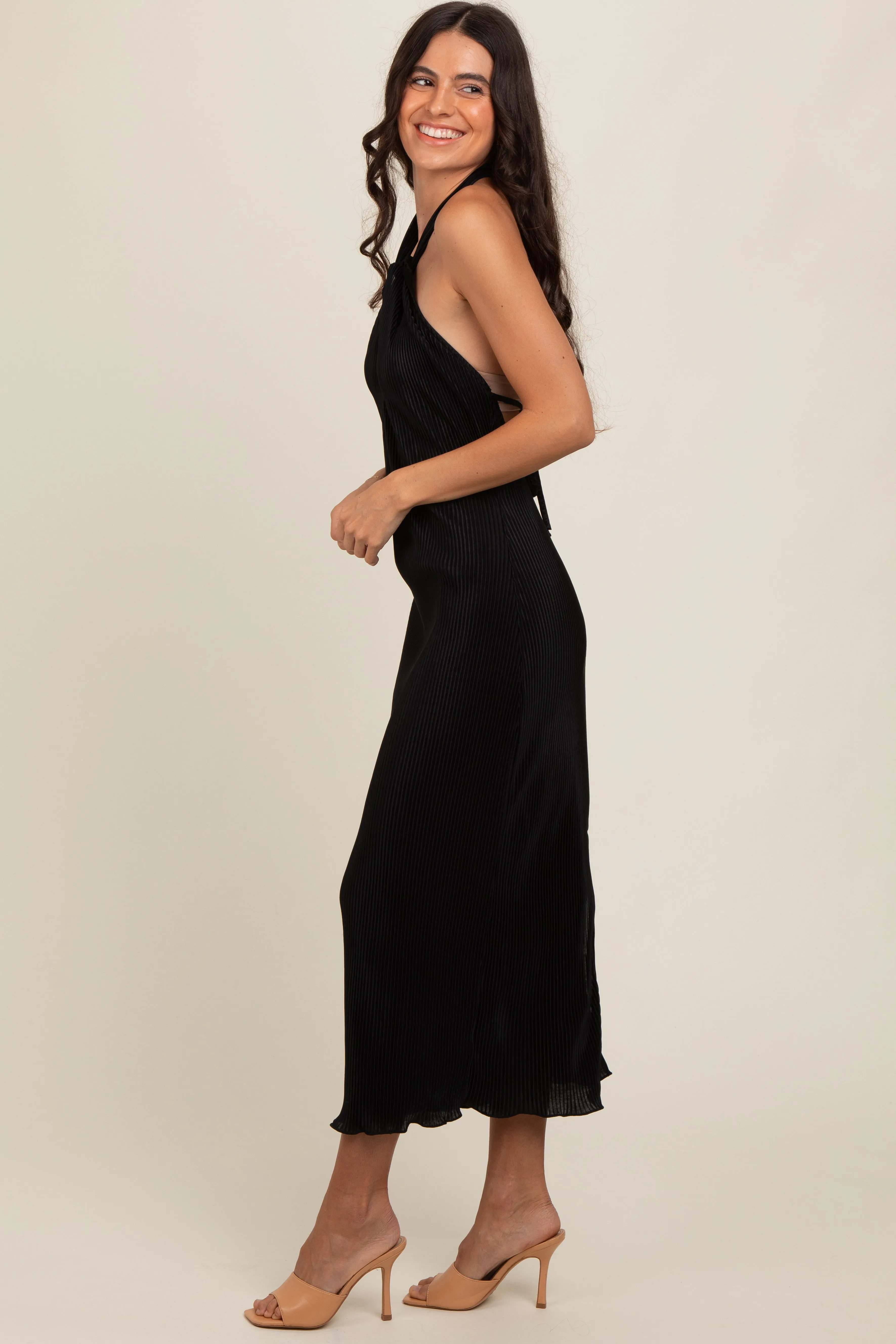 Black Knot Front Plisse Halter Midi Dress sold by Pinkblush product image thumbnail 3