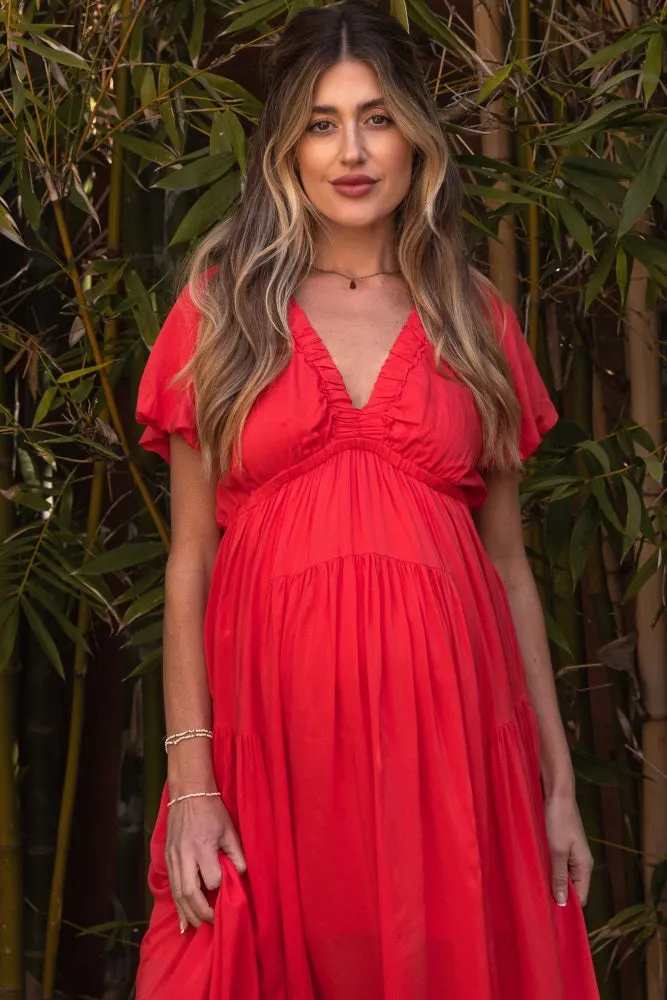 Red Deep V-Neck Puff Short Sleeve Asymmetrical Hem Maternity Midi Dress sold by Pinkblush product image thumbnail 4