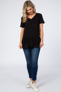 Black V-Neck Short Sleeve Maternity Top sold by Pinkblush