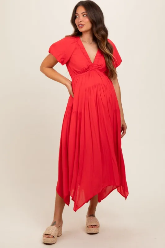 Red Deep V-Neck Puff Short Sleeve Asymmetrical Hem Maternity Midi Dress sold by Pinkblush