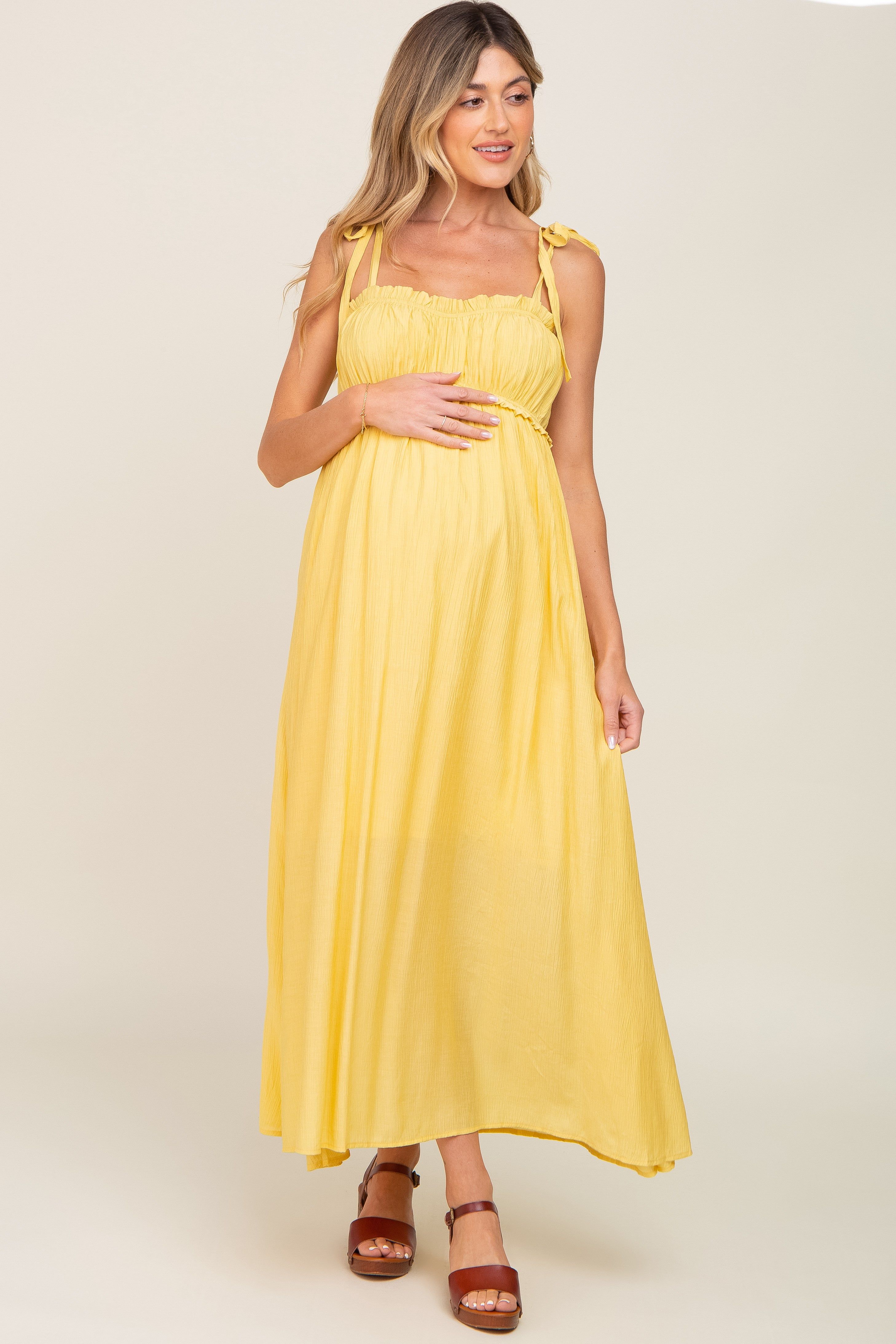 Yellow Sleeveless Ruffle Trim Maternity Maxi Dress sold by Pinkblush product image thumbnail 4