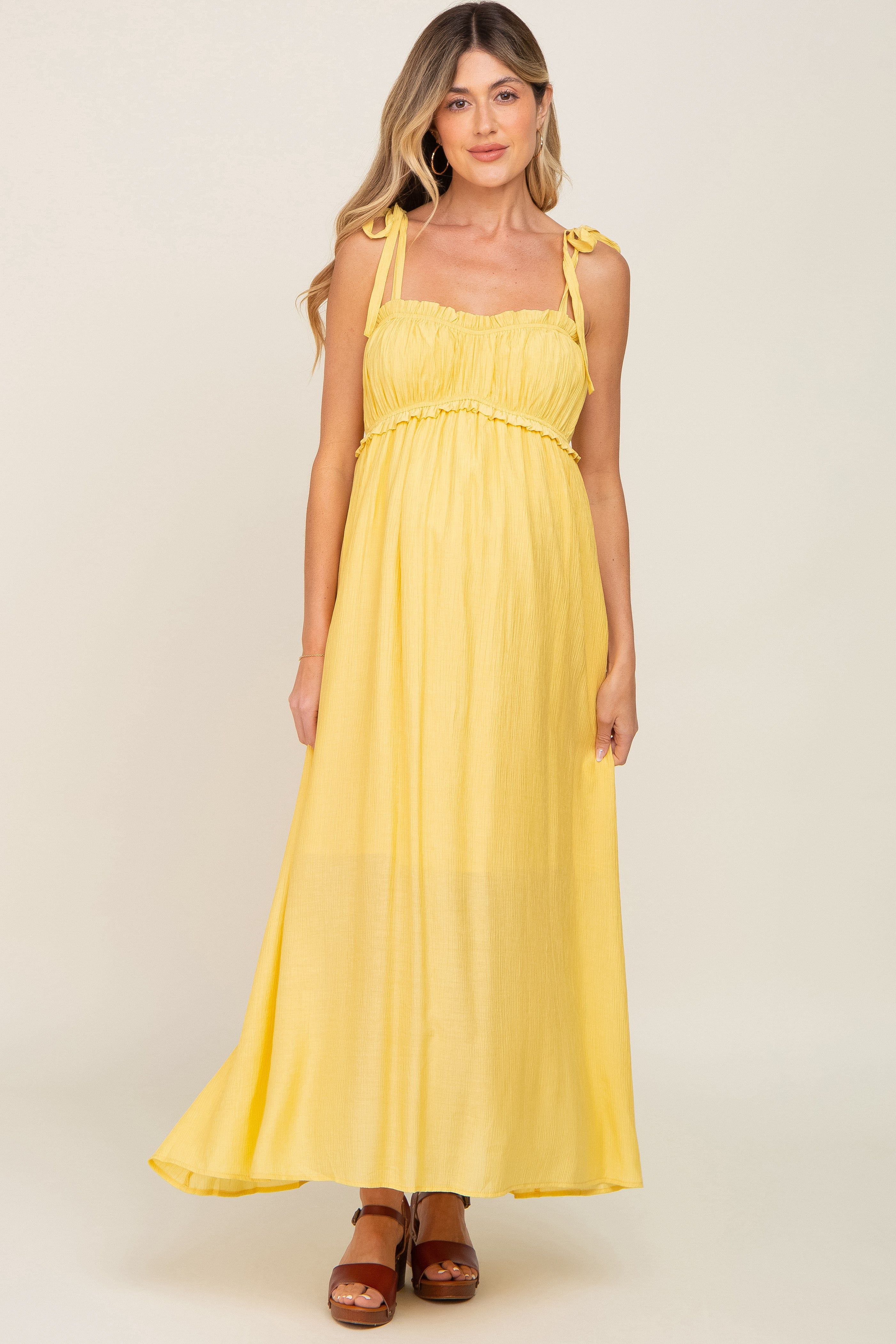 Yellow Sleeveless Ruffle Trim Maternity Maxi Dress sold by Pinkblush