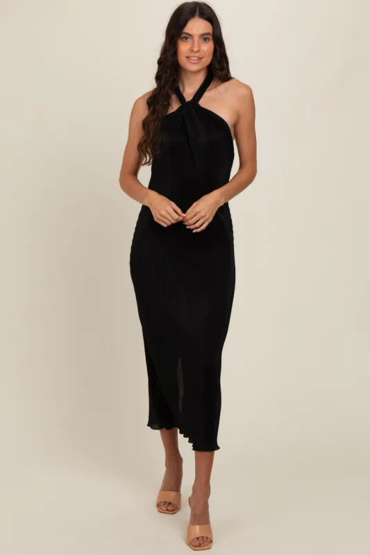 Black Knot Front Plisse Halter Midi Dress sold by Pinkblush