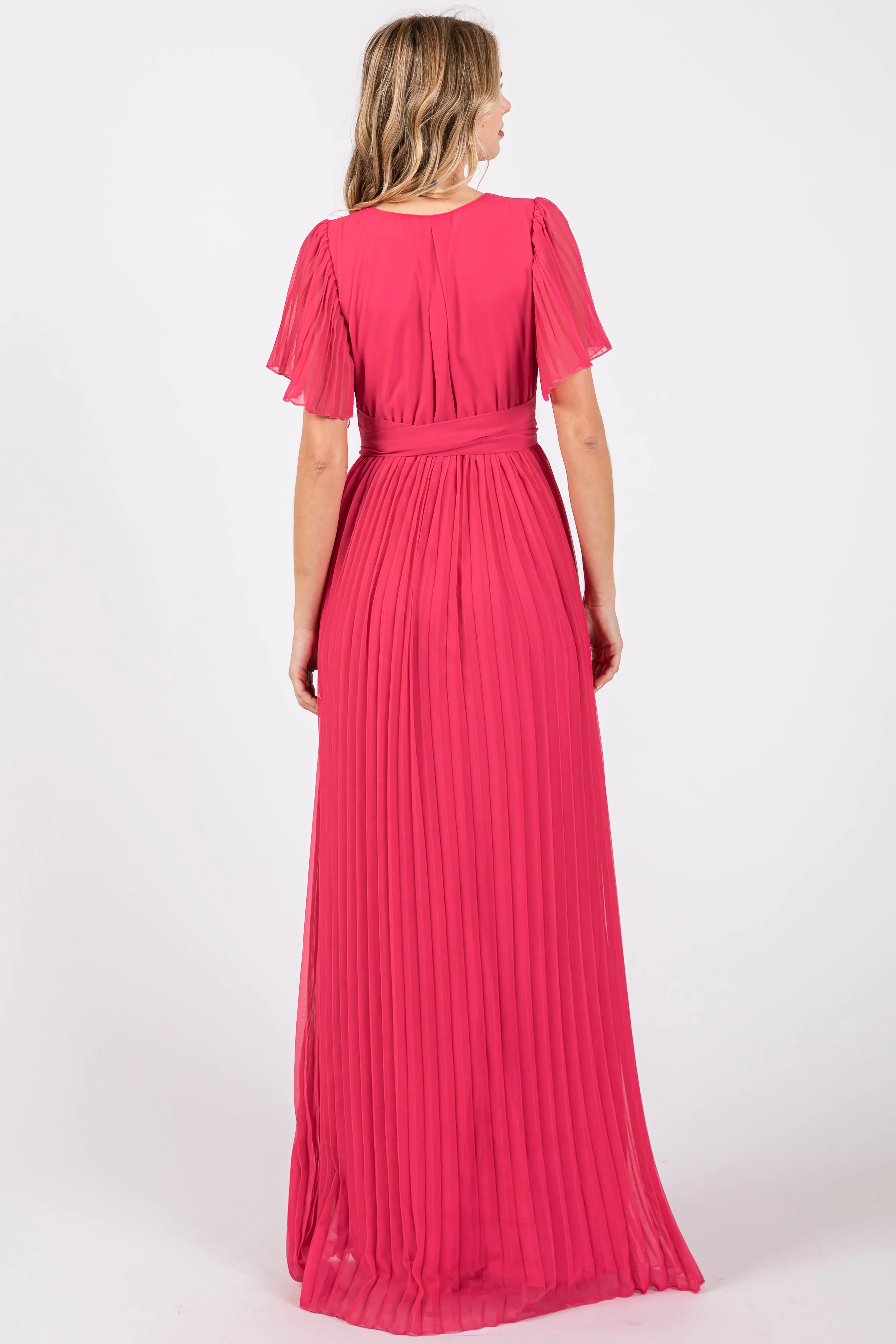 Fuchsia Chiffon Wrap Front V-Neck Short Sleeve Pleated Maxi Dress sold by Pinkblush product image thumbnail 3