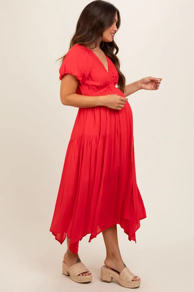 Red Deep V-Neck Puff Short Sleeve Asymmetrical Hem Maternity Midi Dress sold by Pinkblush product image thumbnail 2