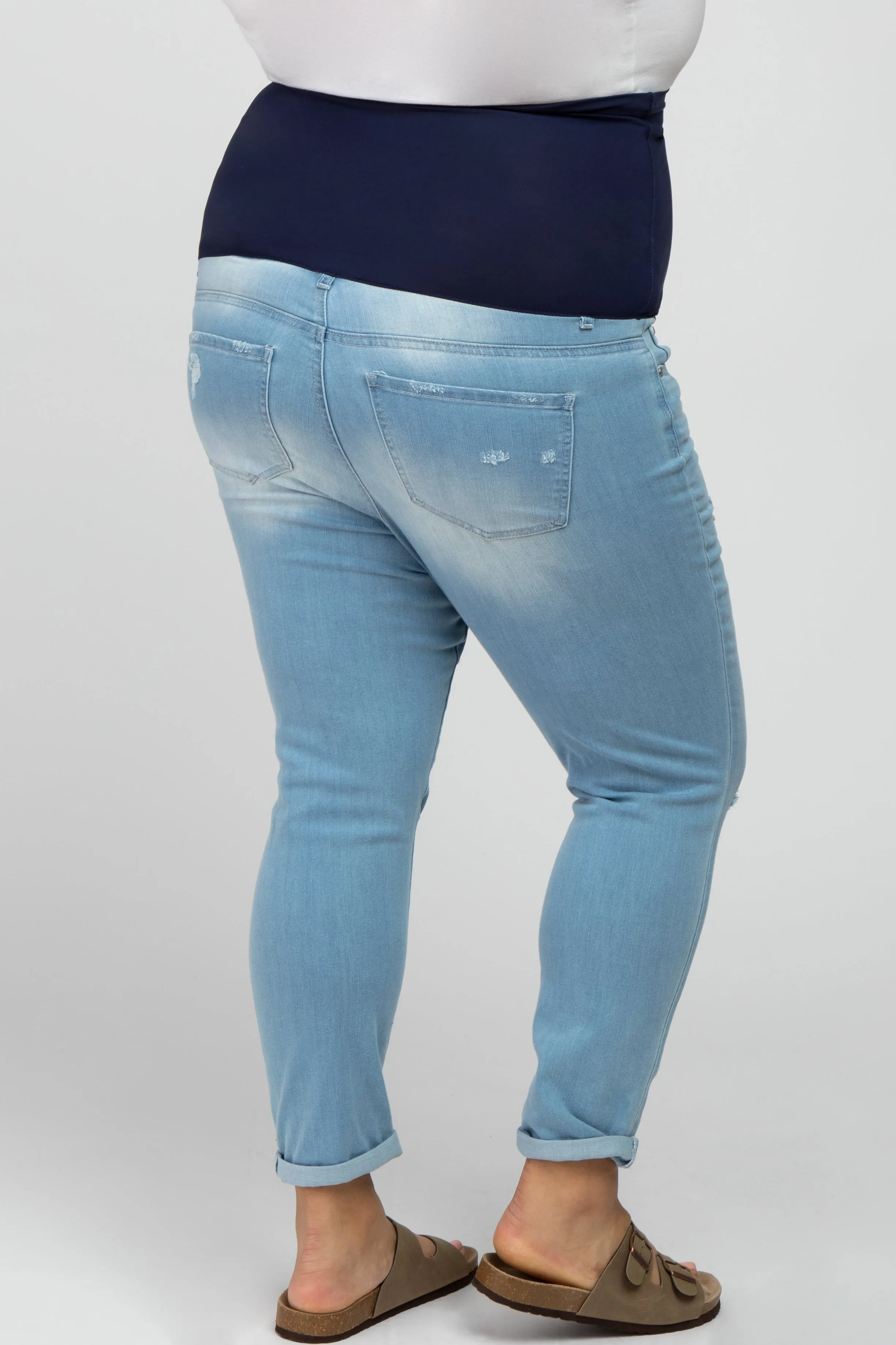 Light Blue Distressed Rolled Hem Maternity Plus Crop Jeans sold by Pinkblush product image thumbnail 4