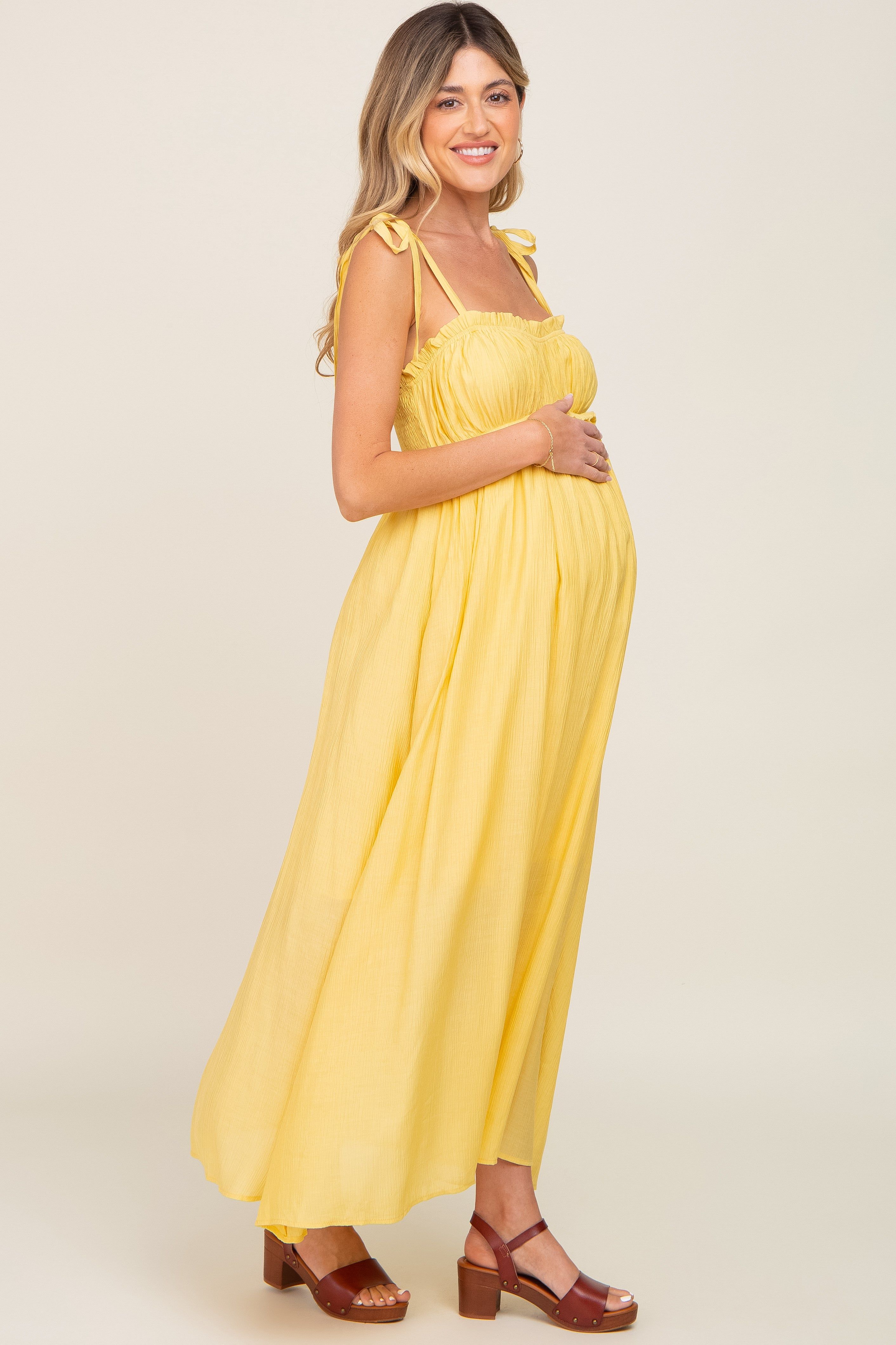 Yellow Sleeveless Ruffle Trim Maternity Maxi Dress sold by Pinkblush product image thumbnail 2