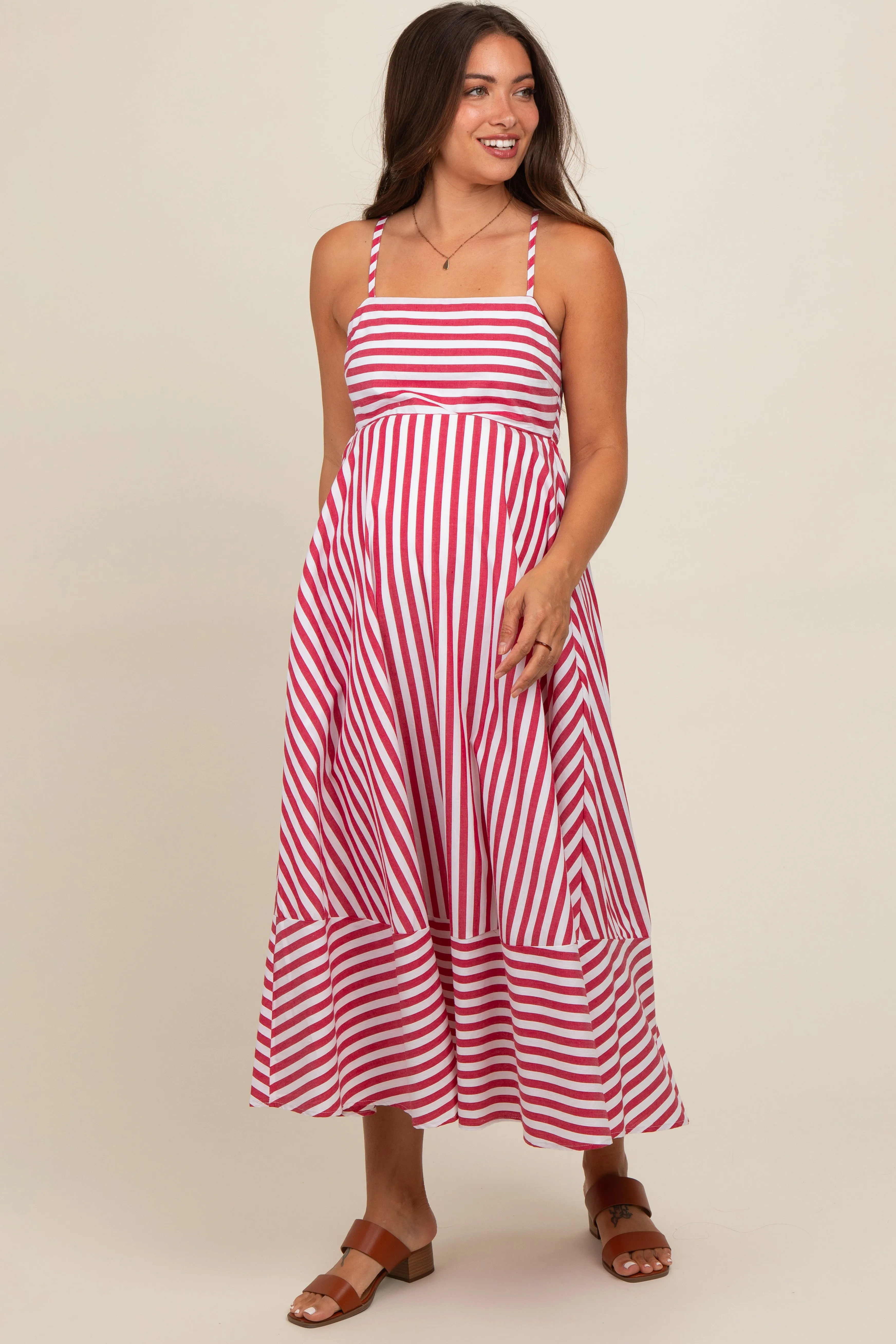 Red Contrast Stripe Maternity Midi Dress sold by Pinkblush